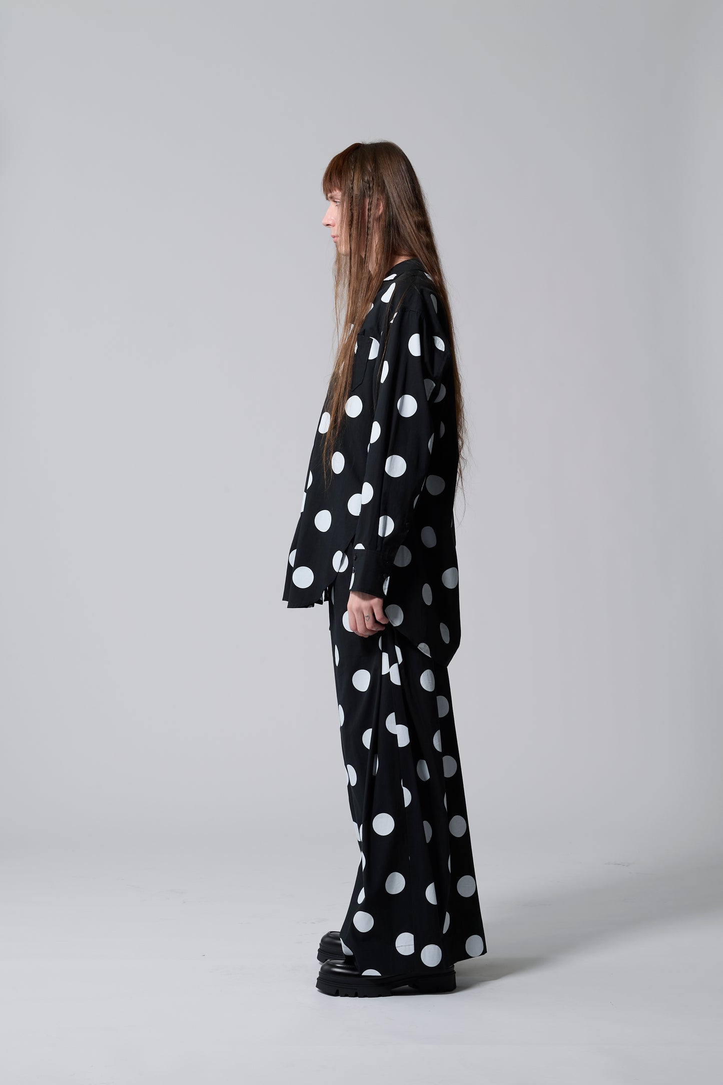 φ2inch dot Print Double Cuff Rough Shirt BLACK