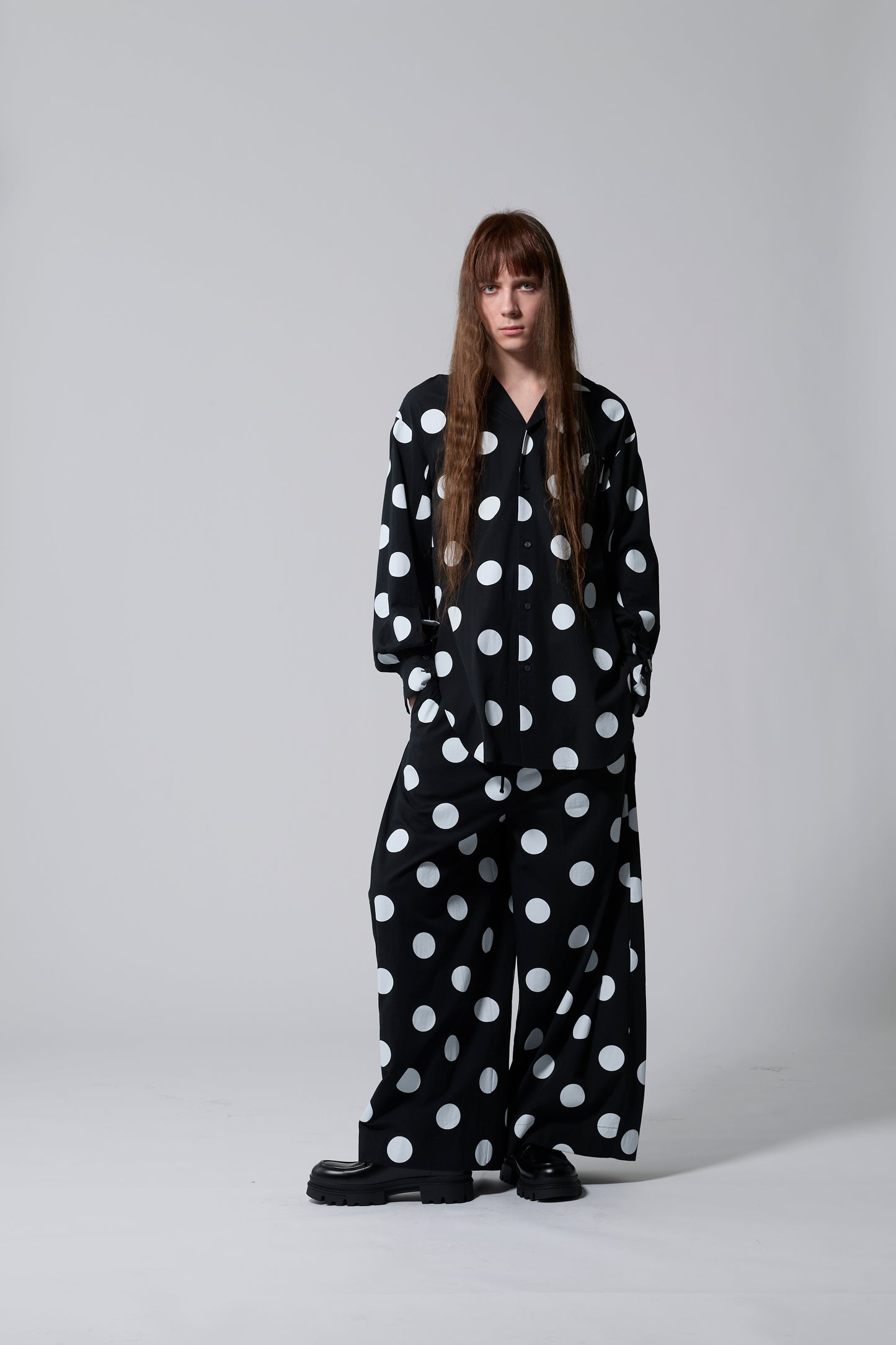 φ2inch dot Print Double Cuff Rough Shirt BLACK