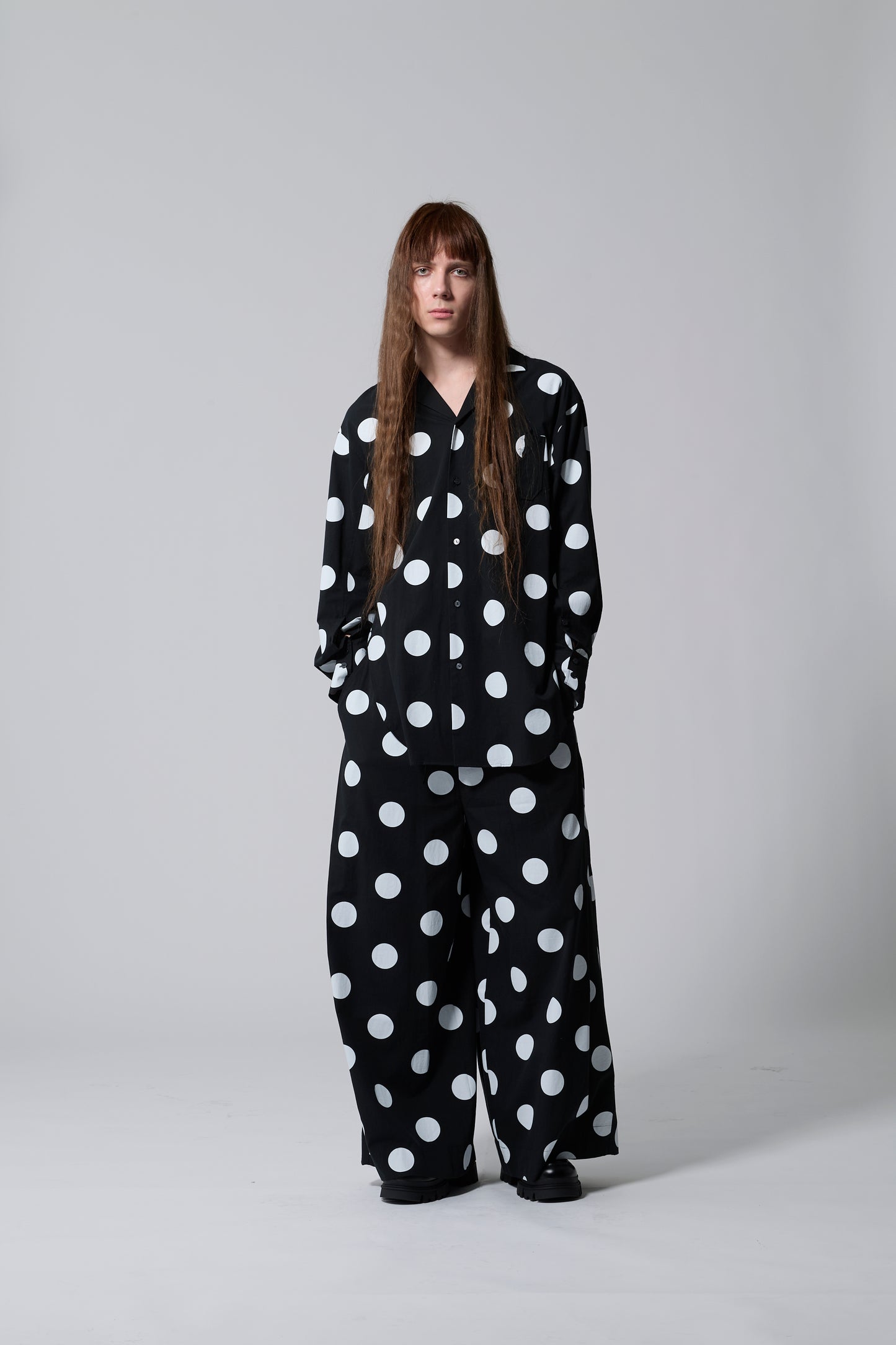 φ2inch dot Print Double Cuff Rough Shirt BLACK