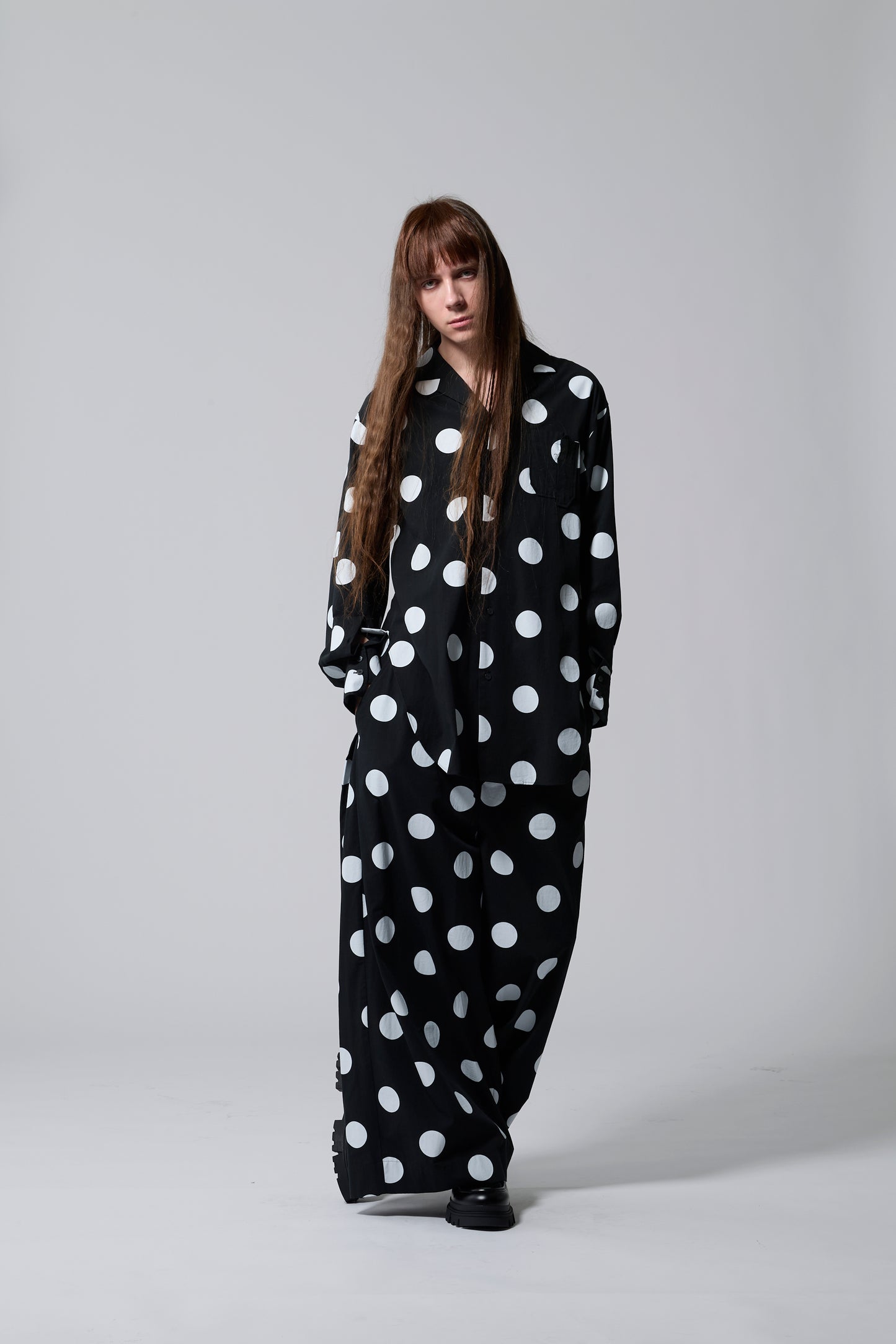 φ2inch dot Print Double Cuff Rough Shirt BLACK