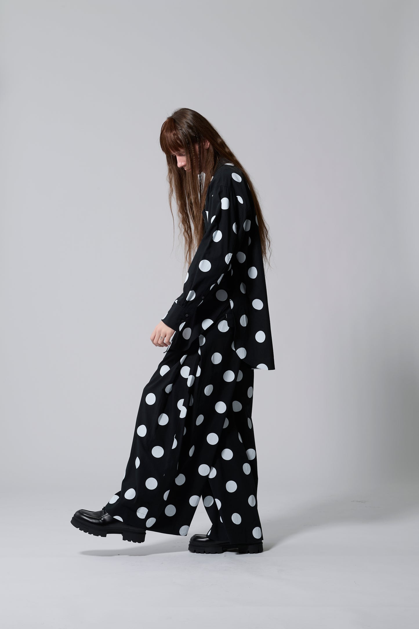 φ2inch dot Print Double Cuff Rough Shirt BLACK