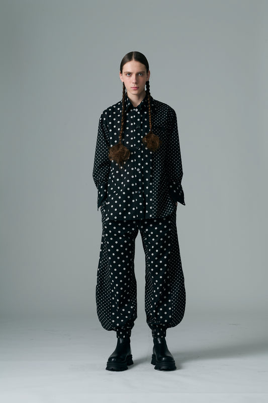 Cotton Dot Print Design Panel Shirt BLACK