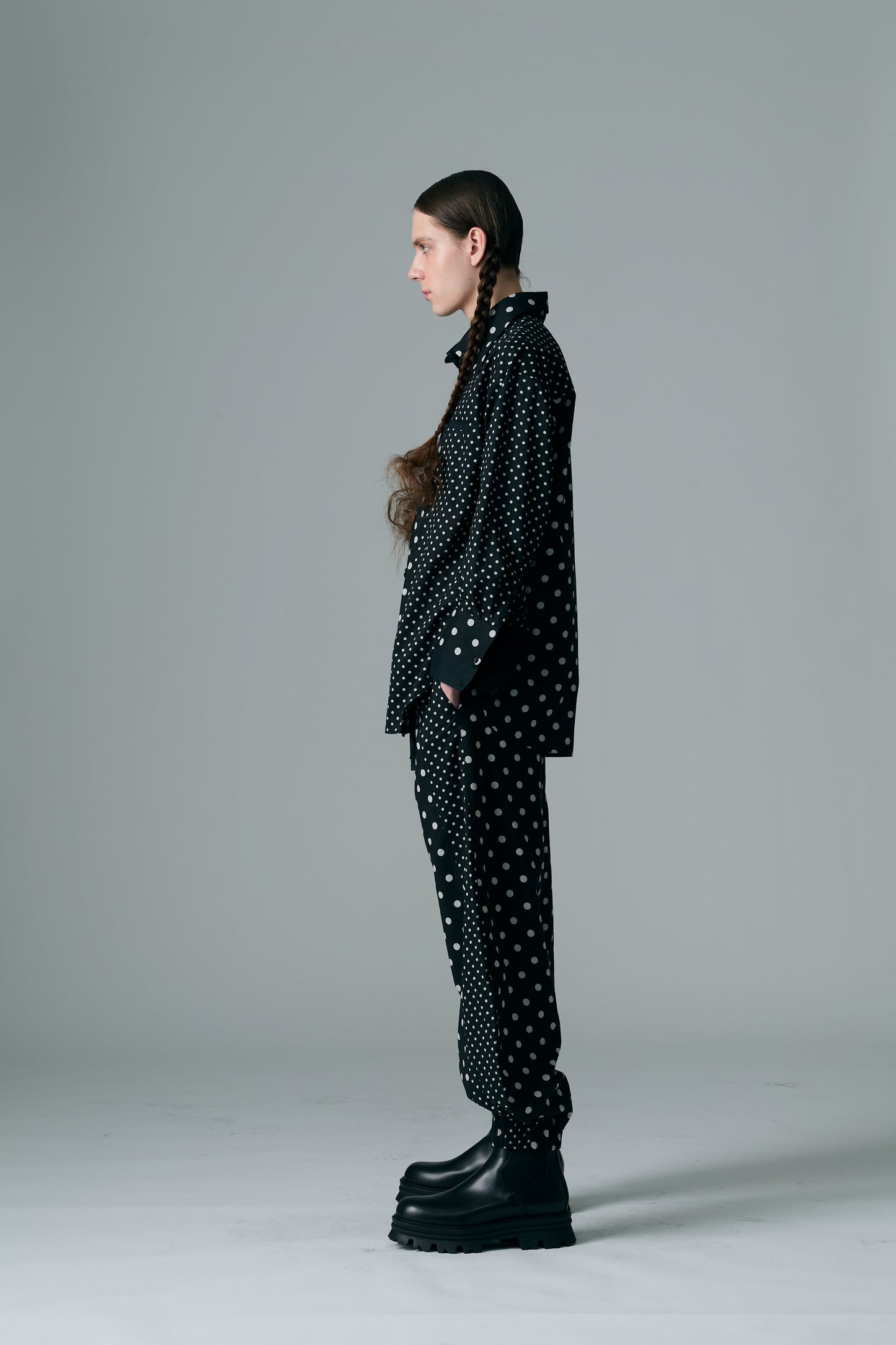 Cotton Dot Print Design Panel Shirt BLACK