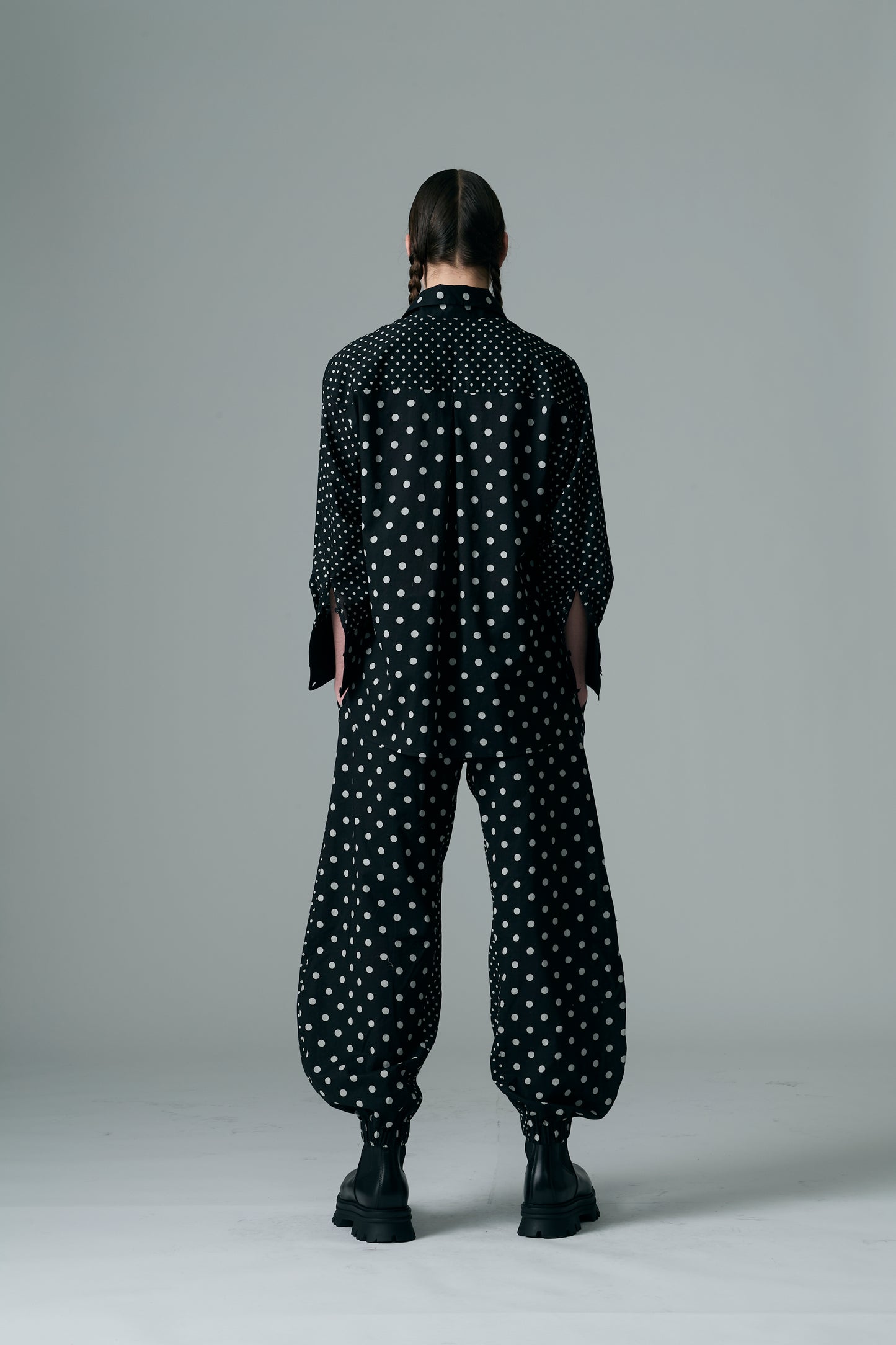 Cotton Dot Print Design Panel Shirt BLACK