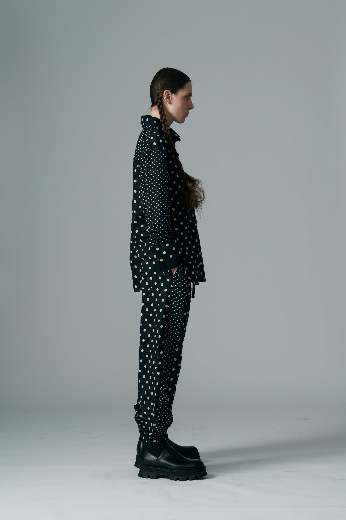 Cotton Dot Print Design Panel Shirt BLACK