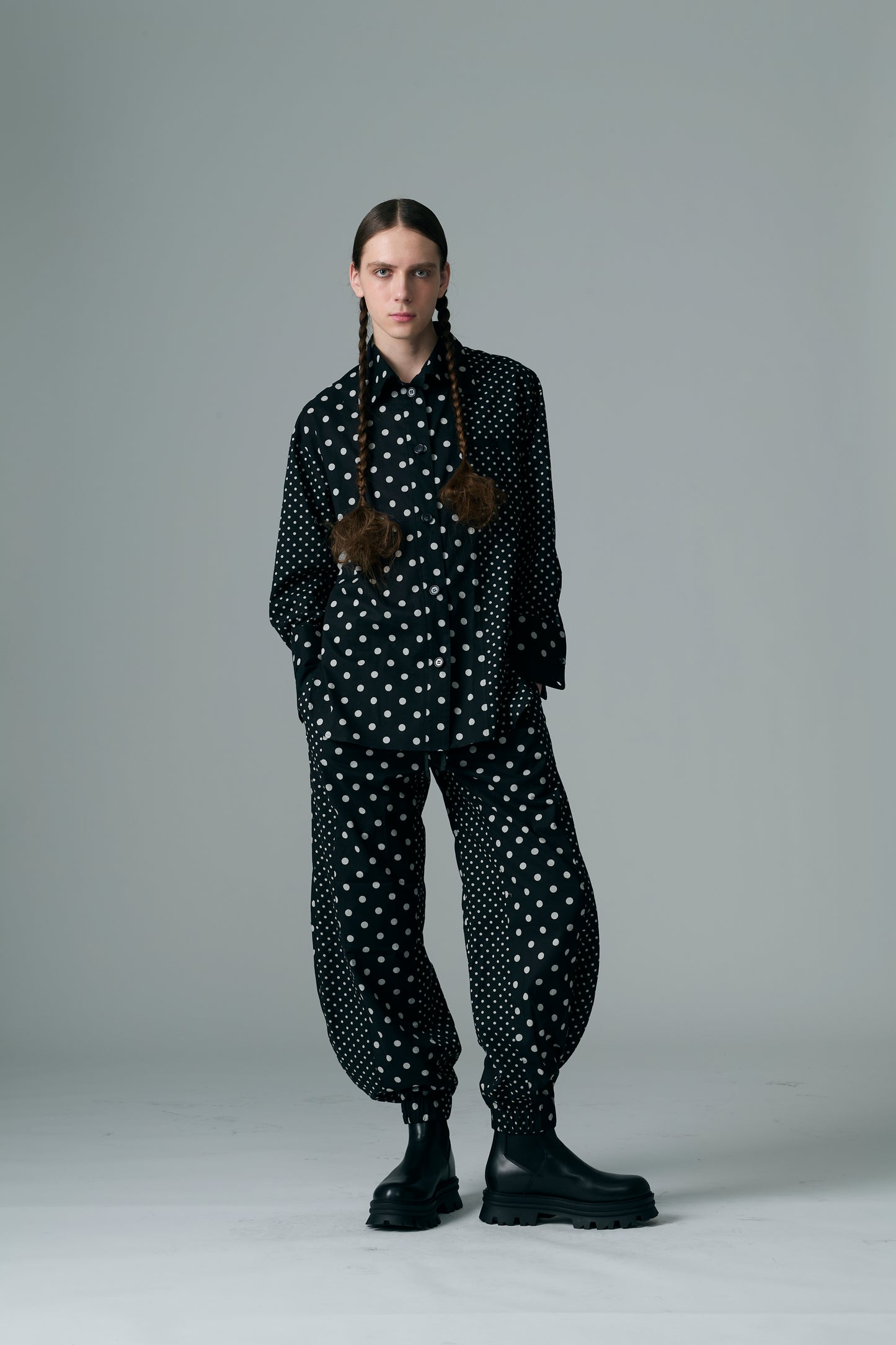 Cotton Dot Print Design Panel Pants BLACK