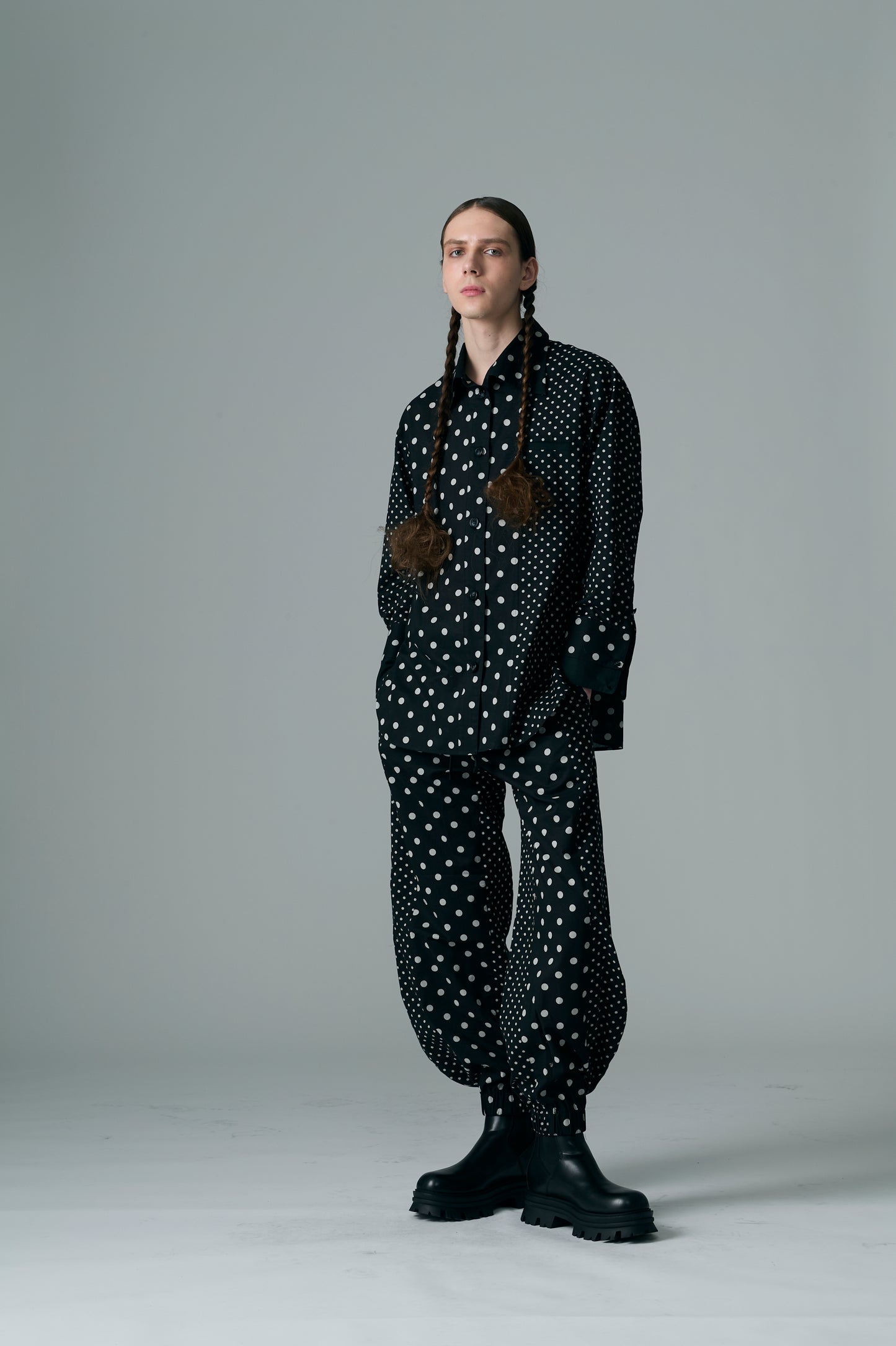 Cotton Dot Print Design Panel Shirt BLACK