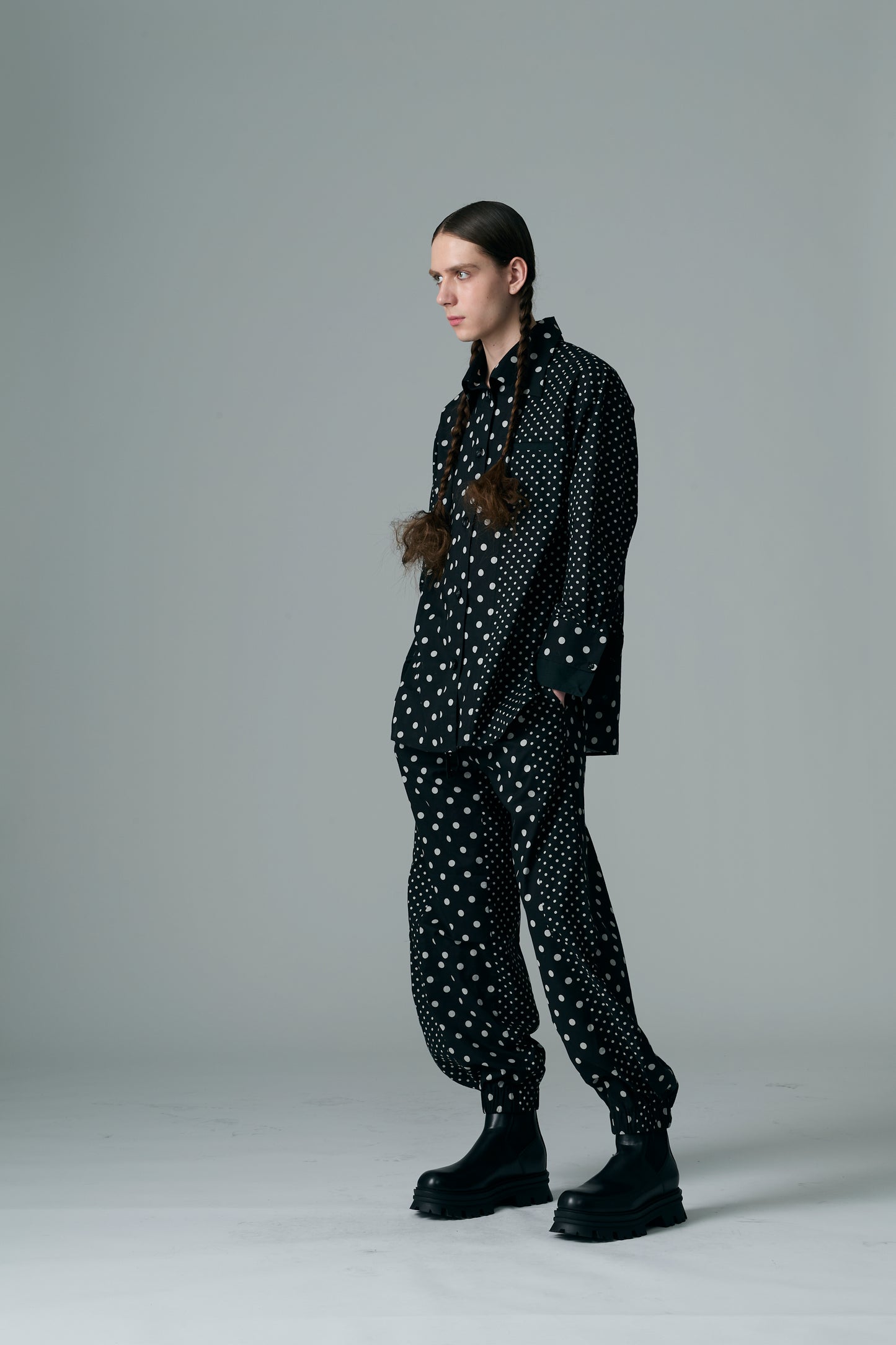 Cotton Dot Print Design Panel Shirt BLACK