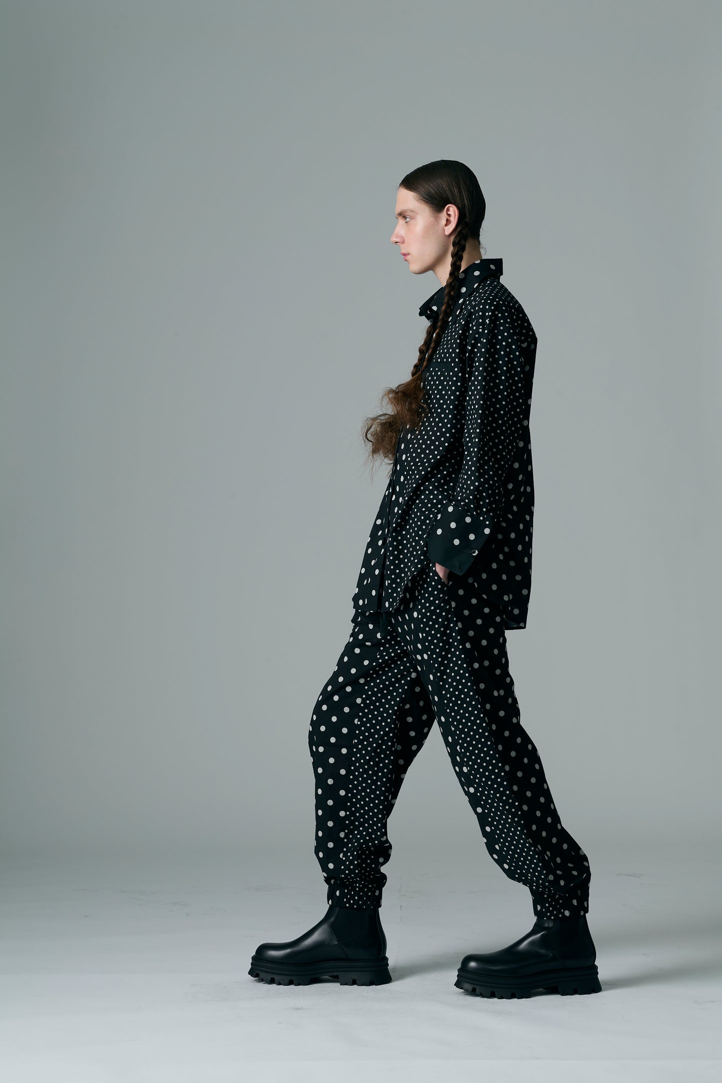 Cotton Dot Print Design Panel Pants BLACK