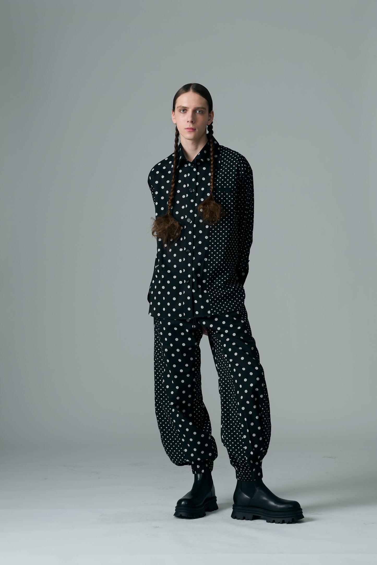 Cotton Dot Print Design Panel Shirt BLACK