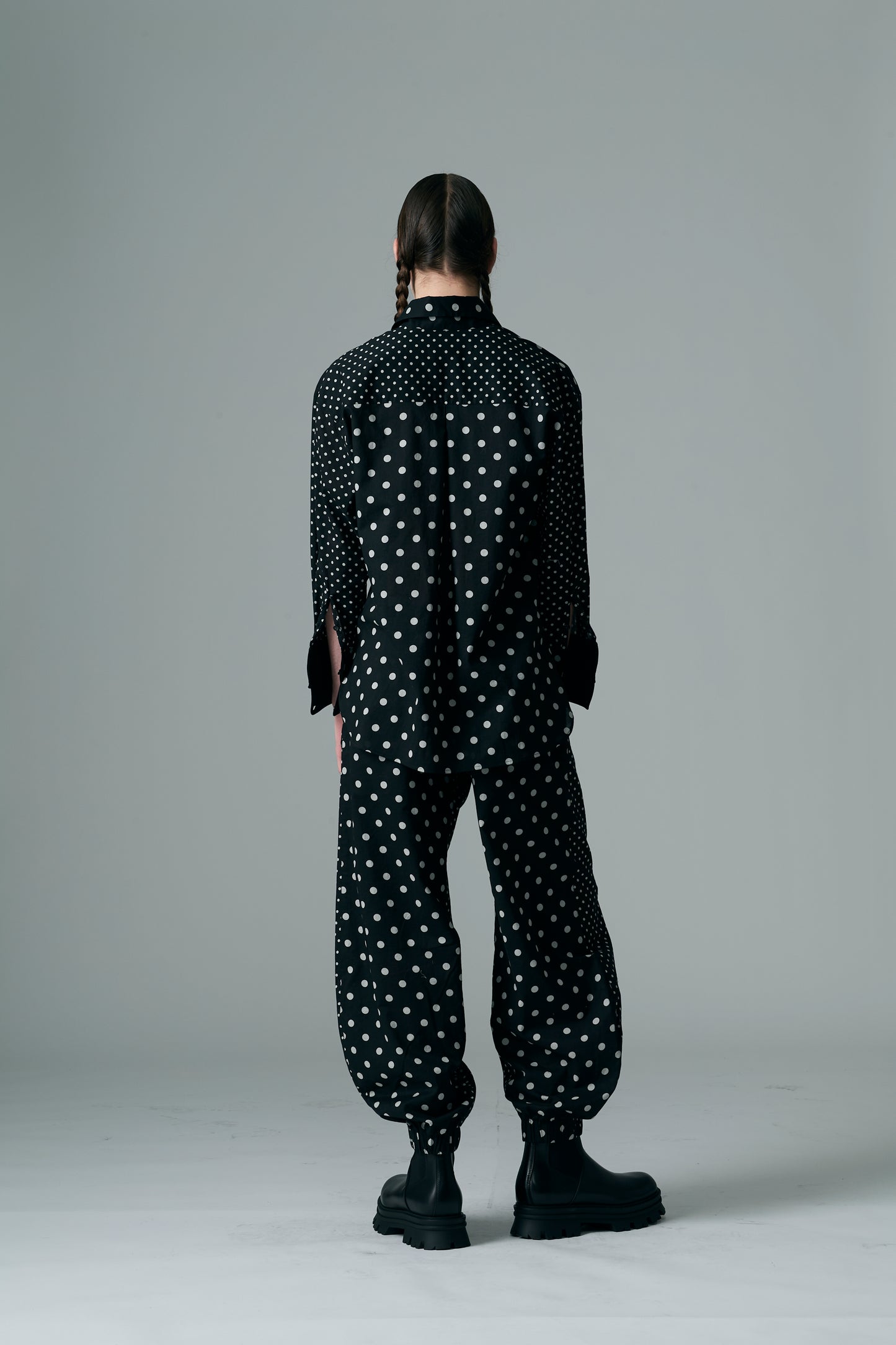 Cotton Dot Print Design Panel Pants BLACK