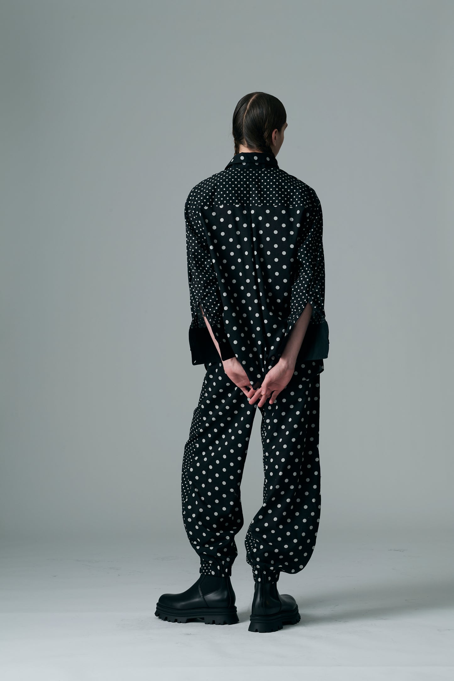 Cotton Dot Print Design Panel Shirt BLACK