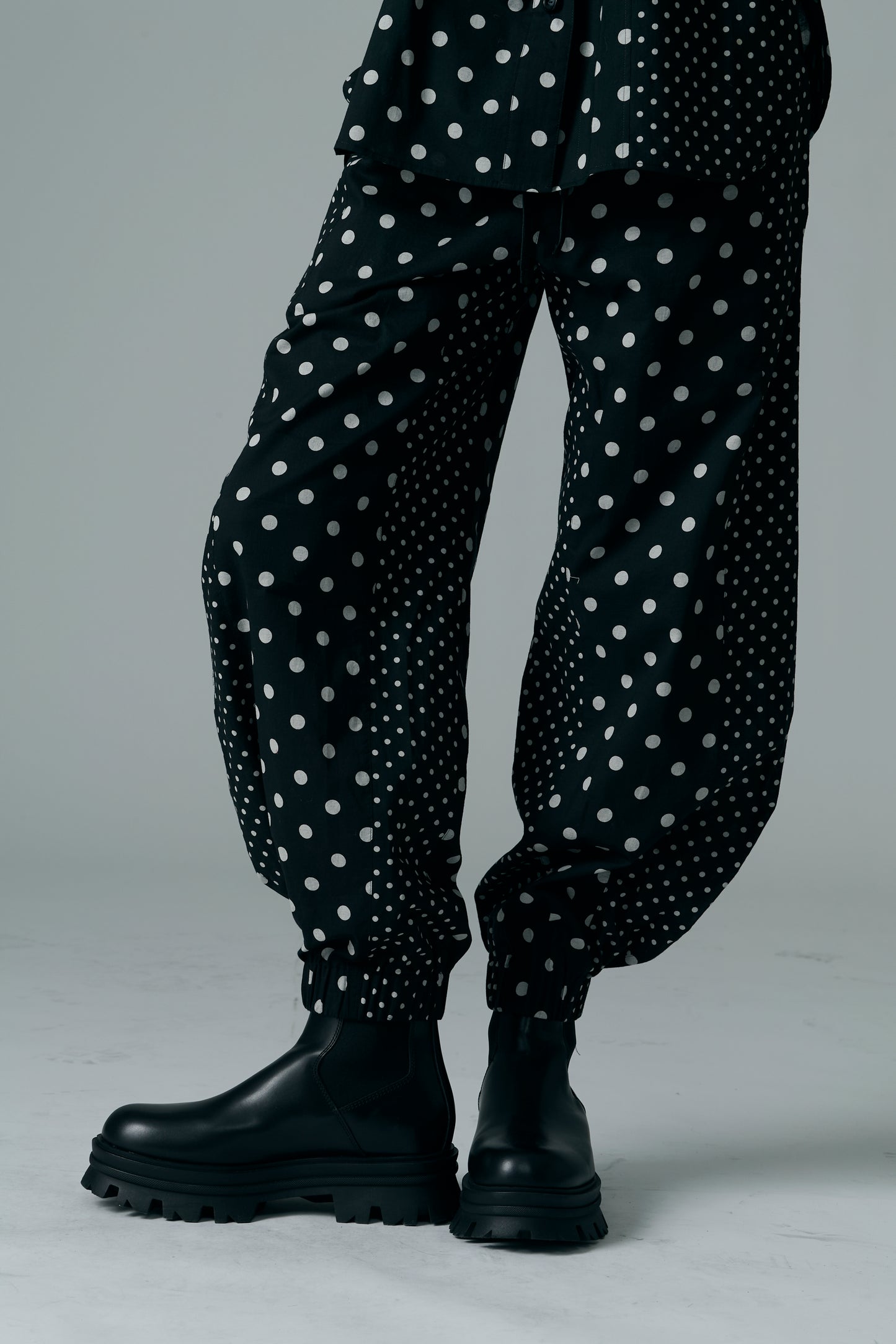 Cotton Dot Print Design Panel Pants BLACK