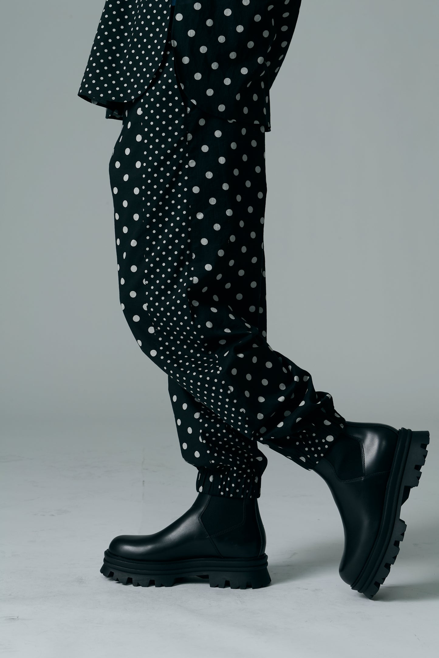 Cotton Dot Print Design Panel Pants BLACK