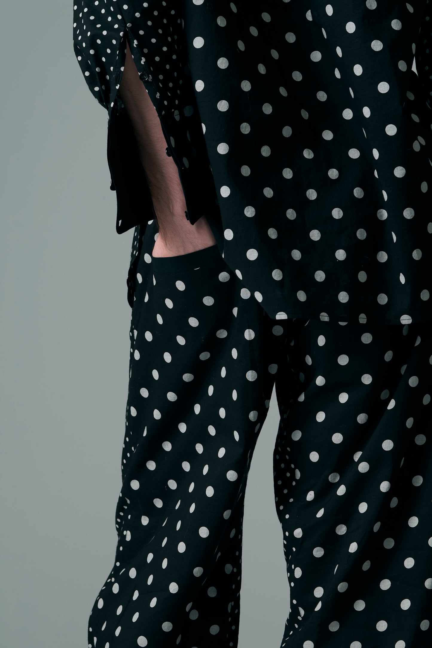 Cotton Dot Print Design Panel Pants BLACK