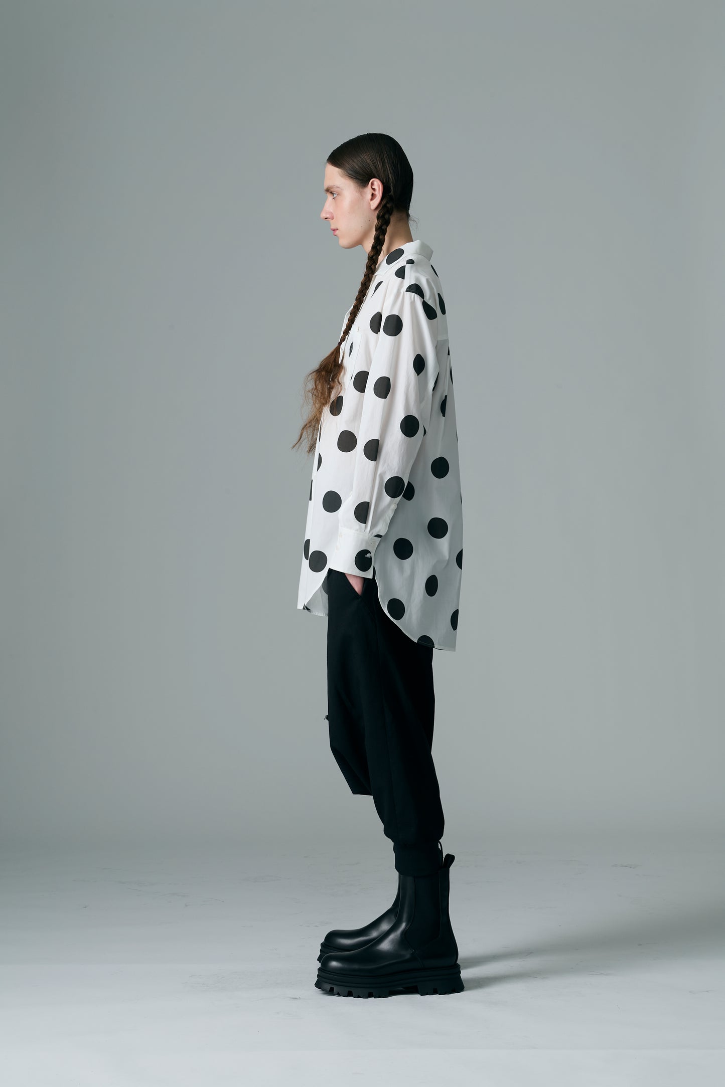 φ2inch dot Print Double Cuff Rough Shirt WHITE