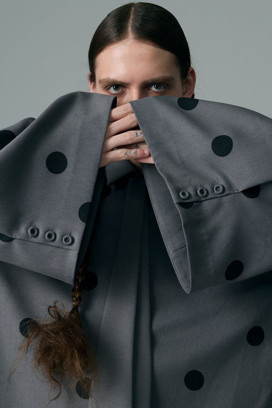 φ1.4inch dot Tie-Detail Sleeve Tuck Flare Volume Shirt GRAY