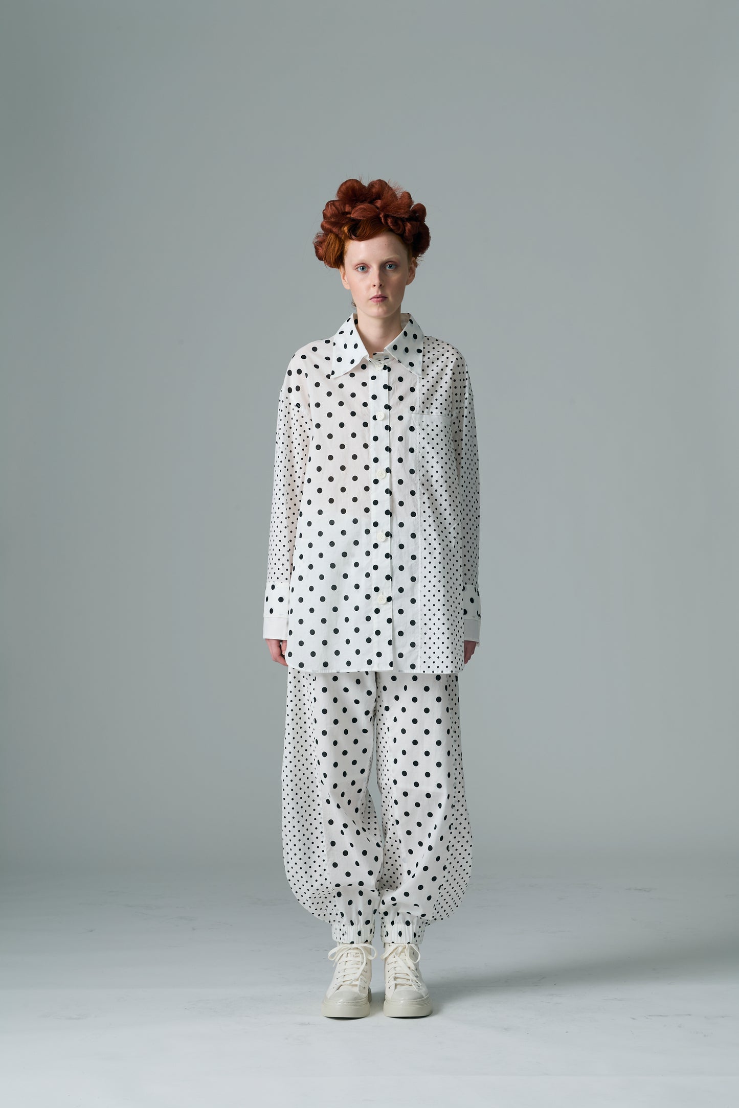 Cotton Dot Print Design Panel Shirt WHITE