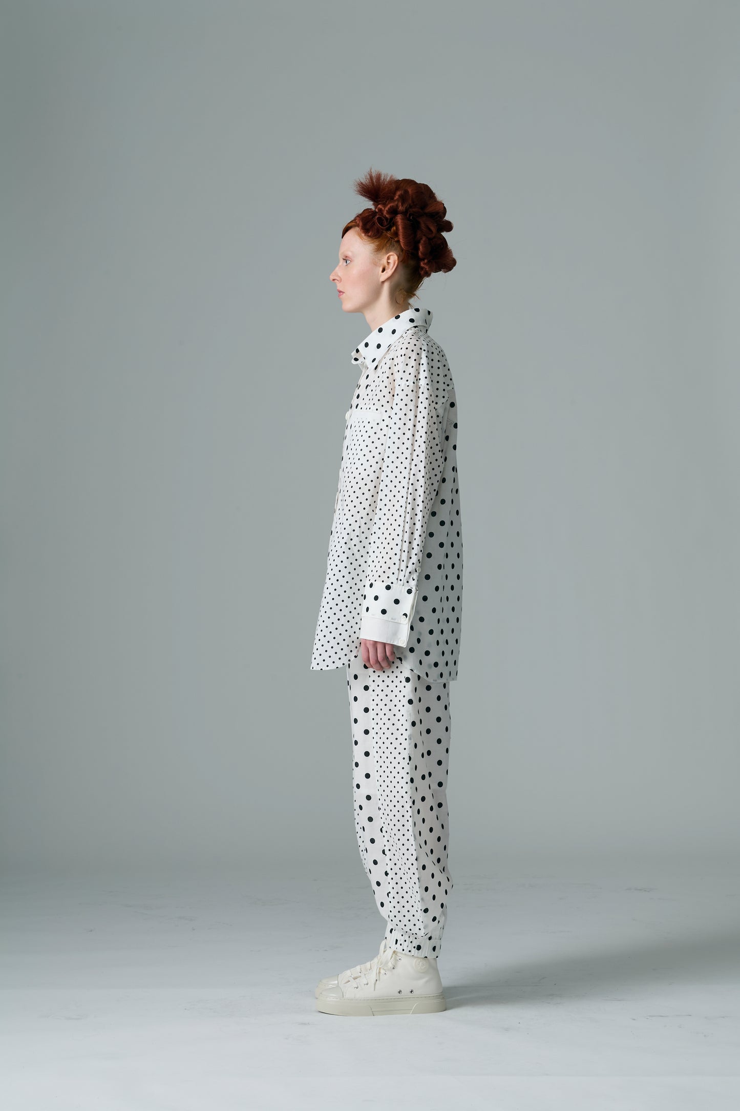 Cotton Dot Print Design Panel Shirt WHITE