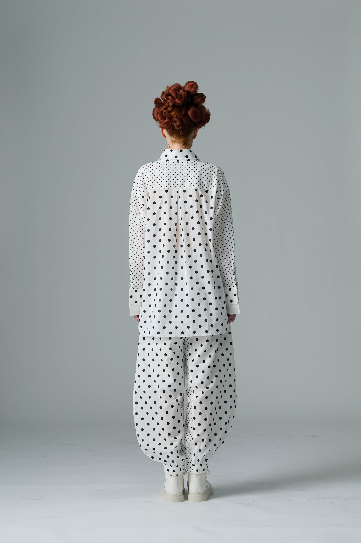Cotton Dot Print Design Panel Shirt WHITE