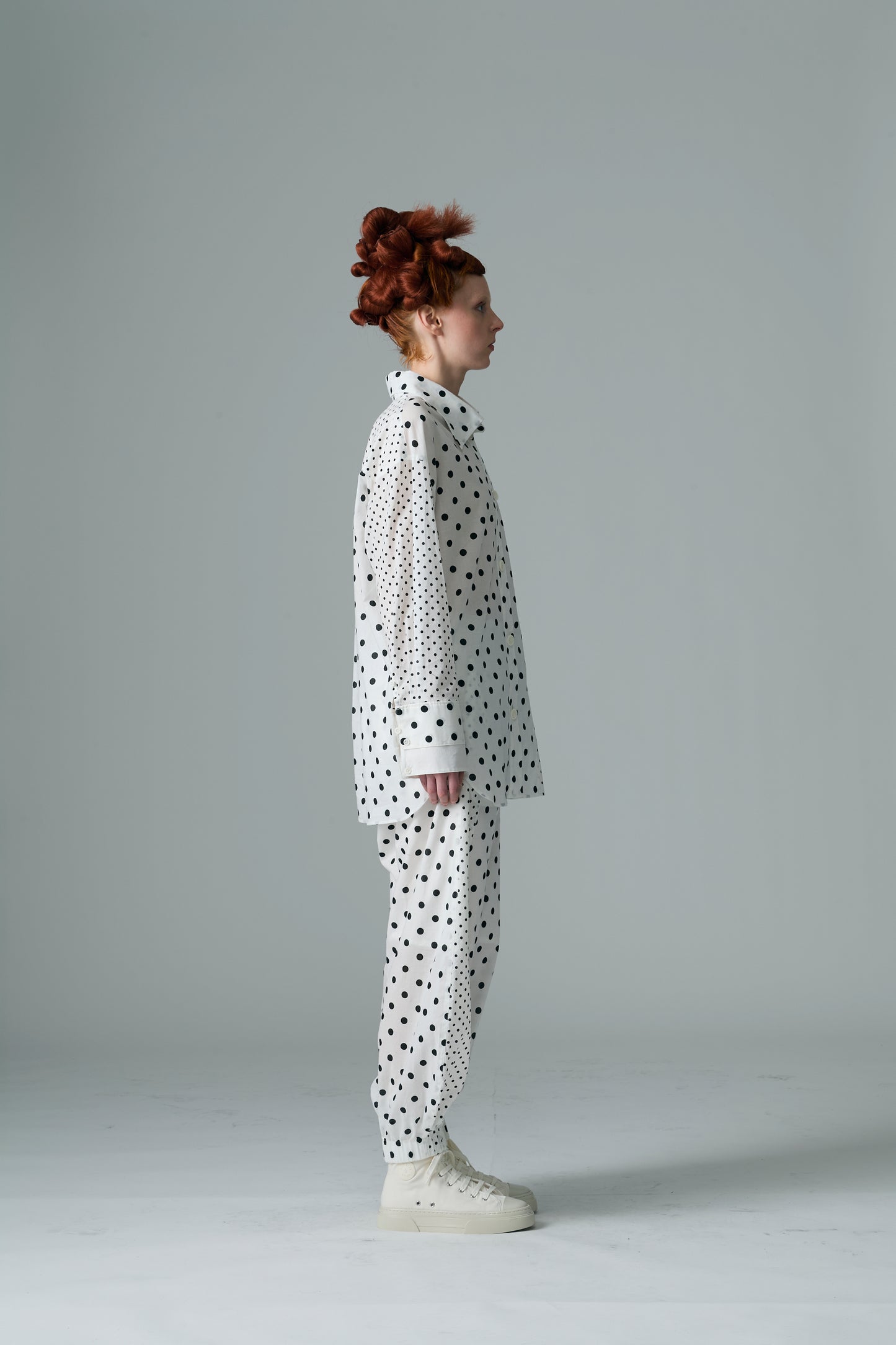 Cotton Dot Print Design Panel Shirt WHITE