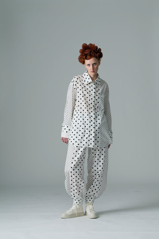 Cotton Dot Print Design Panel Pants WHITE