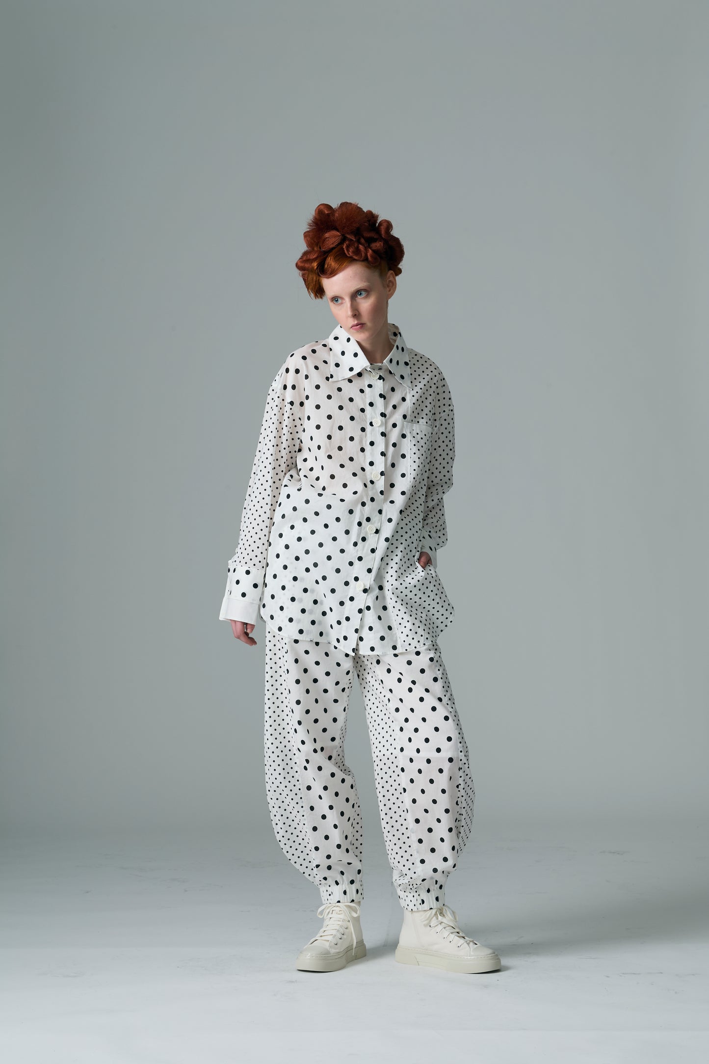 Cotton Dot Print Design Panel Shirt WHITE