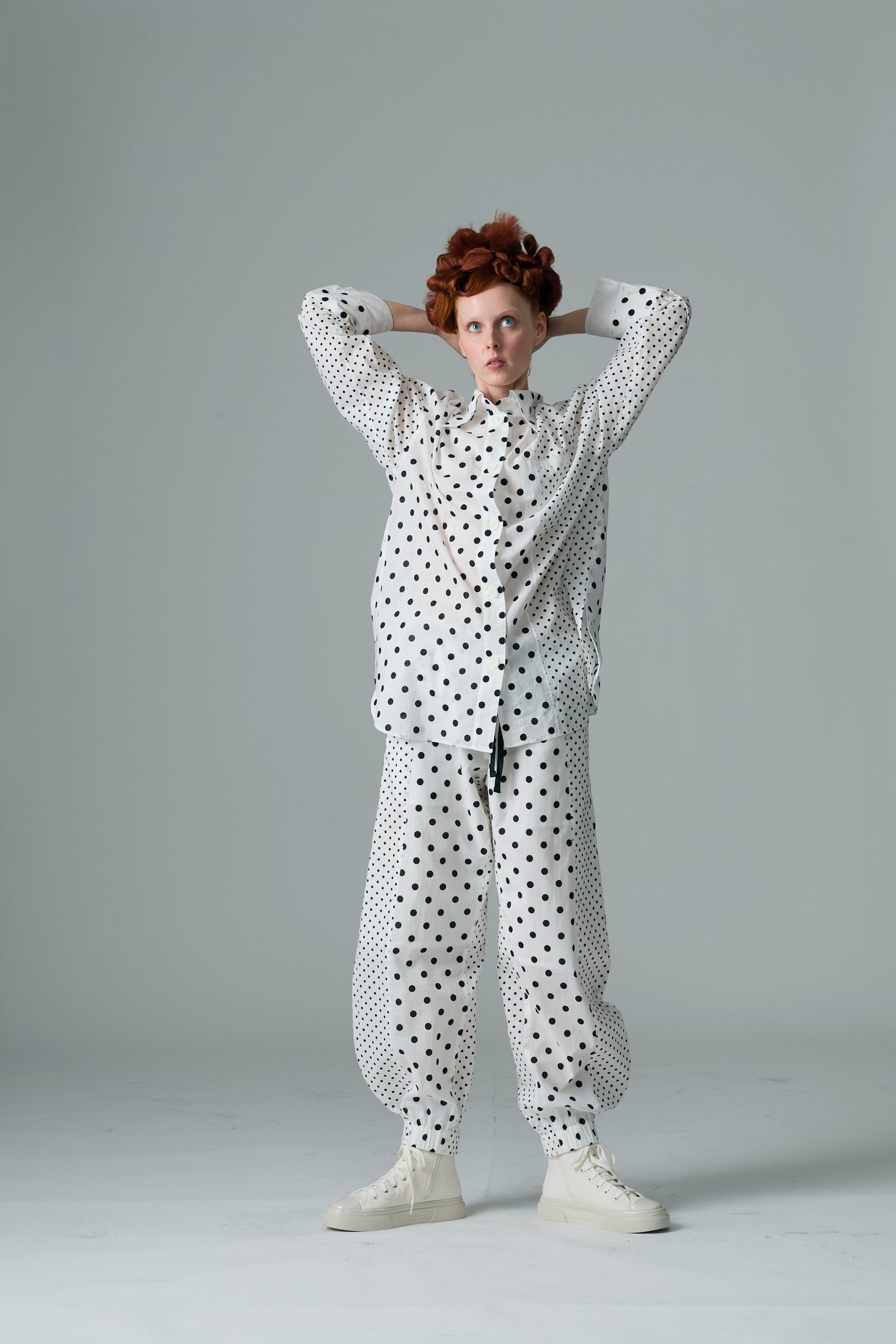 Cotton Dot Print Design Panel Shirt WHITE