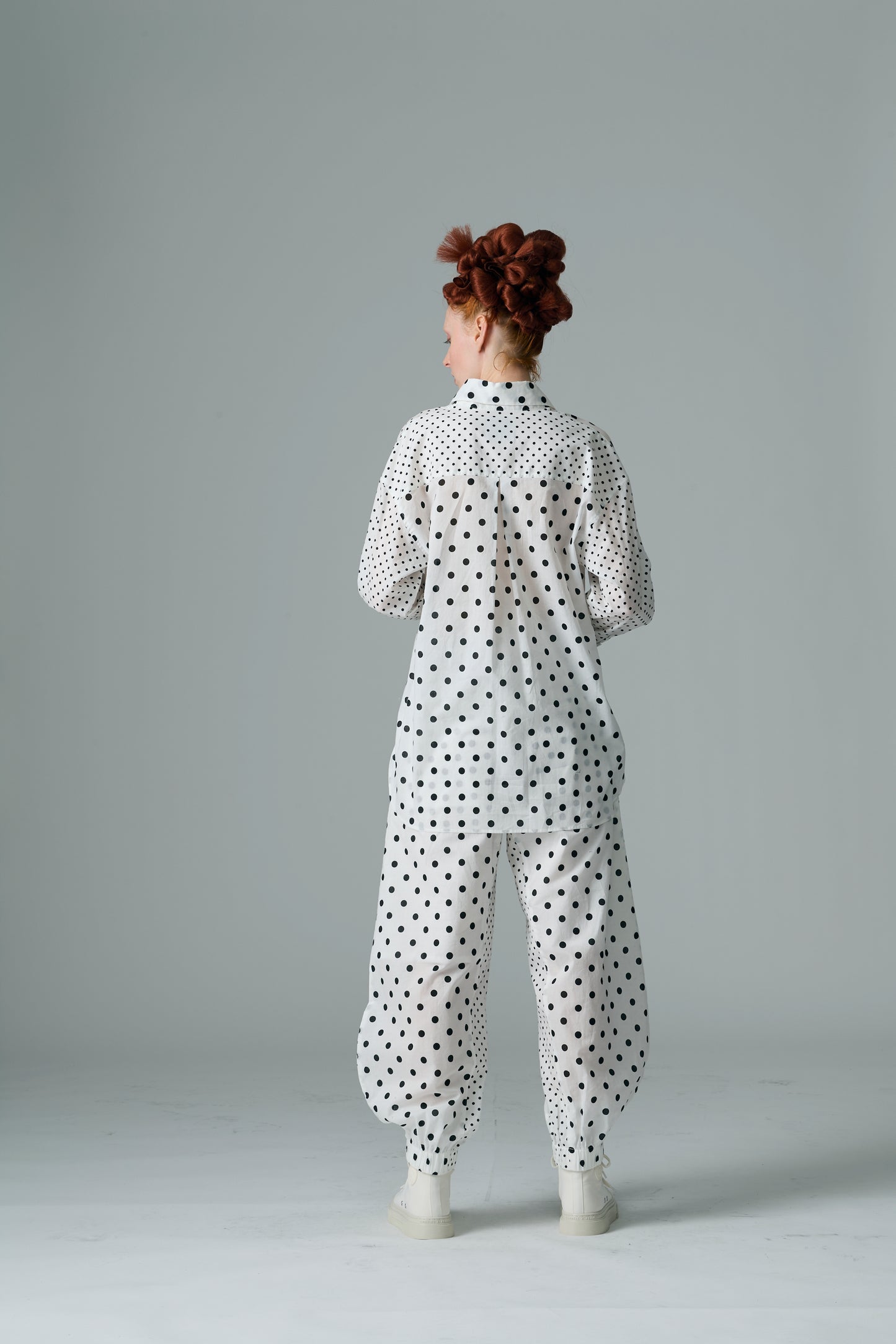 Cotton Dot Print Design Panel Pants WHITE
