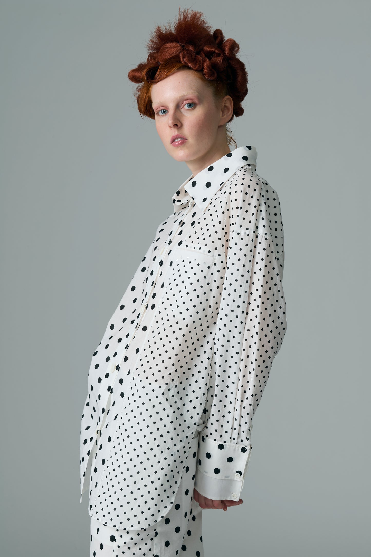Cotton Dot Print Design Panel Shirt WHITE