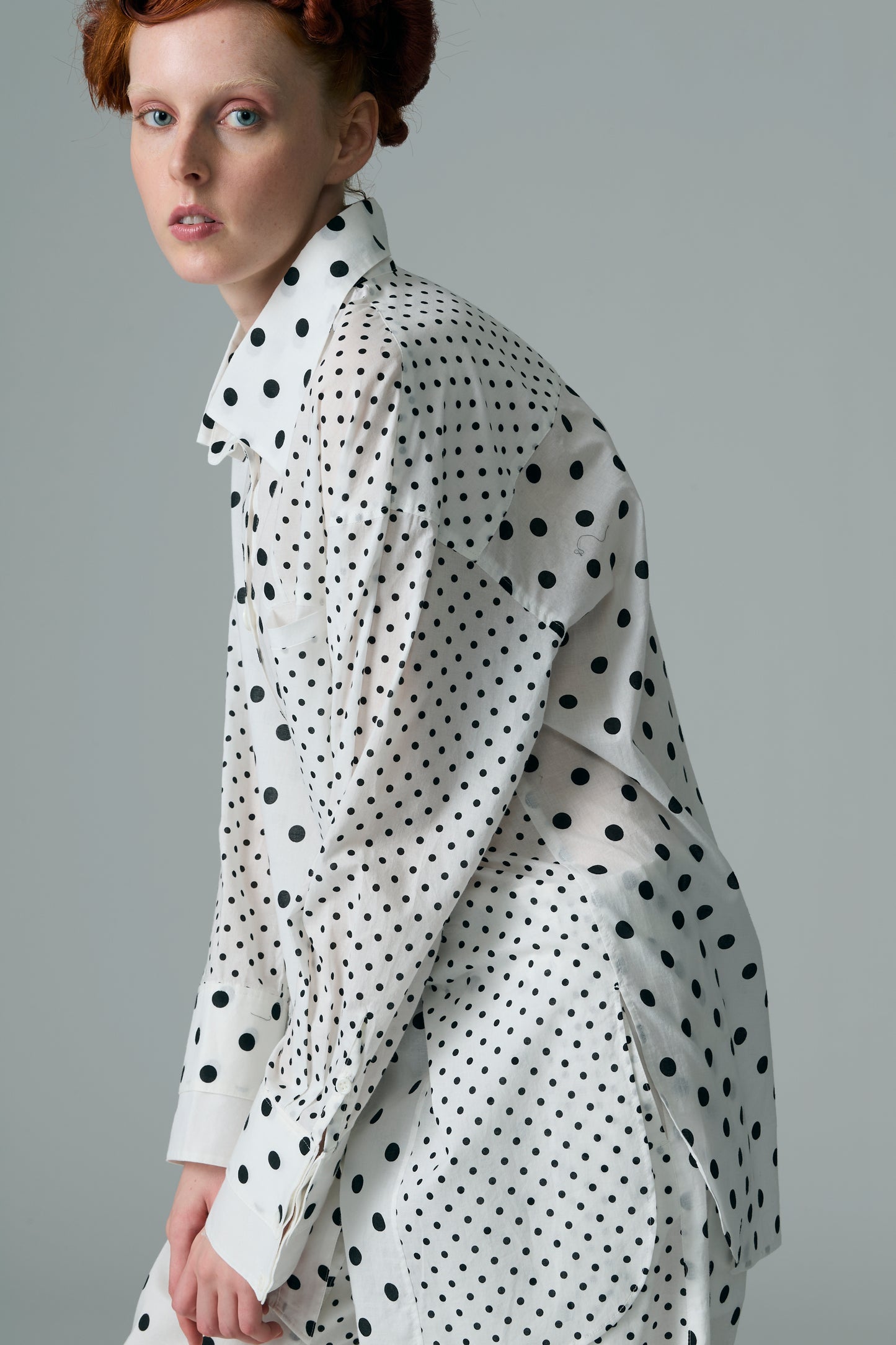 Cotton Dot Print Design Panel Shirt WHITE