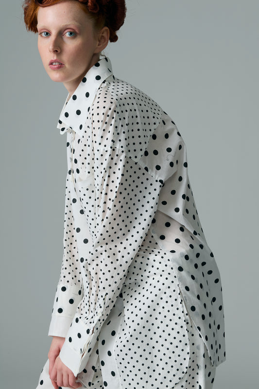 Cotton Dot Print Design Panel Shirt WHITE