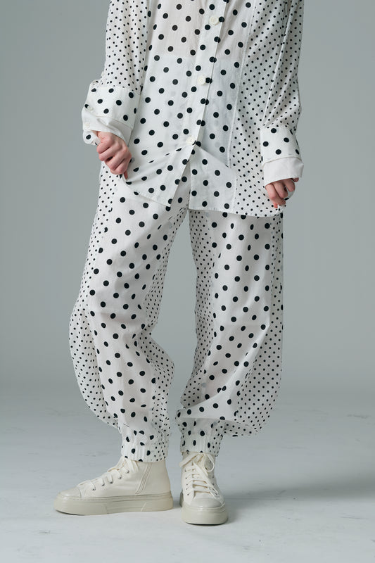 Cotton Dot Print Design Panel Pants WHITE