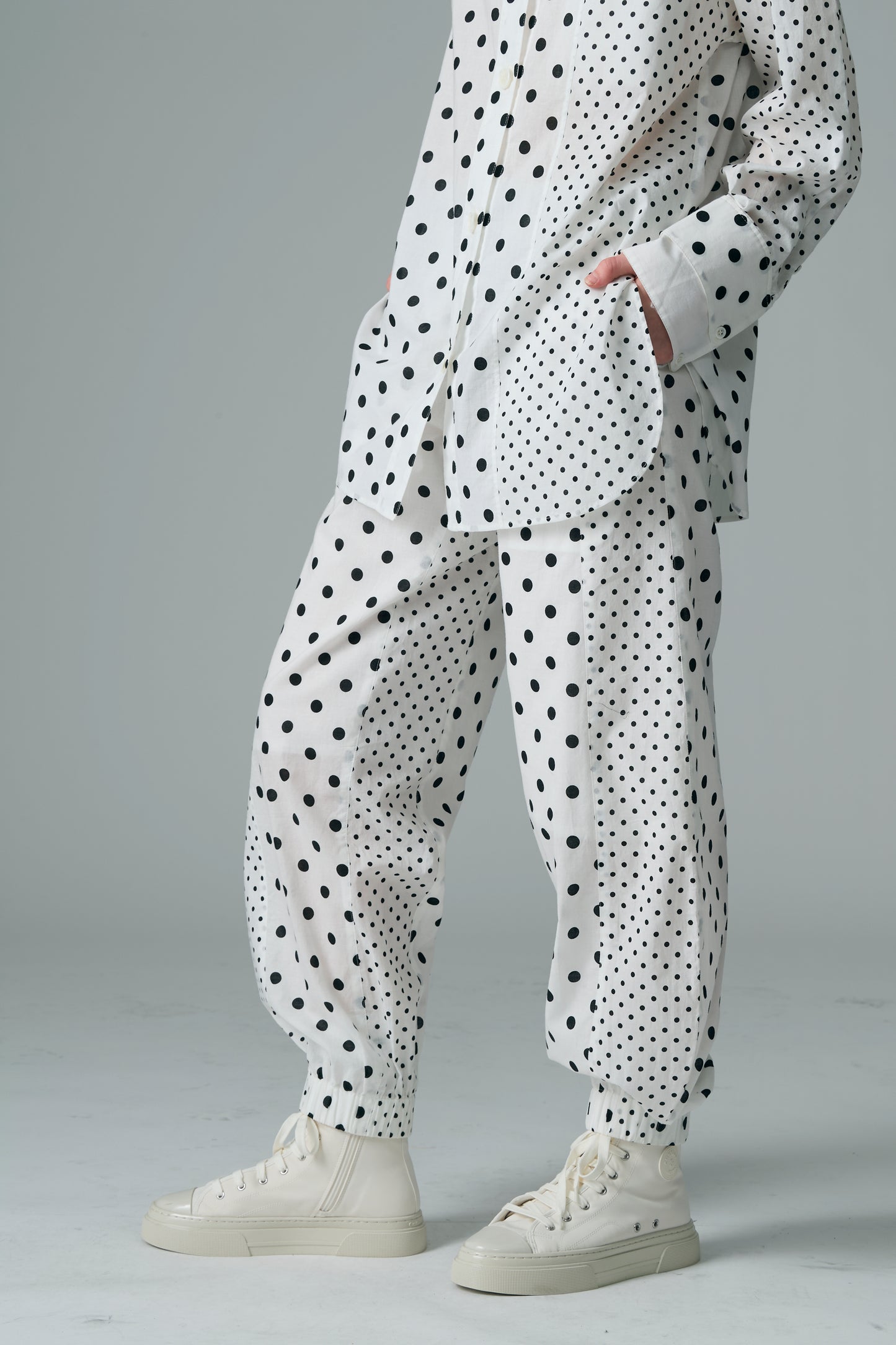 Cotton Dot Print Design Panel Pants WHITE