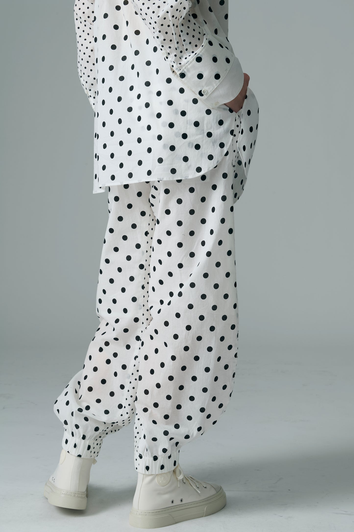 Cotton Dot Print Design Panel Pants WHITE