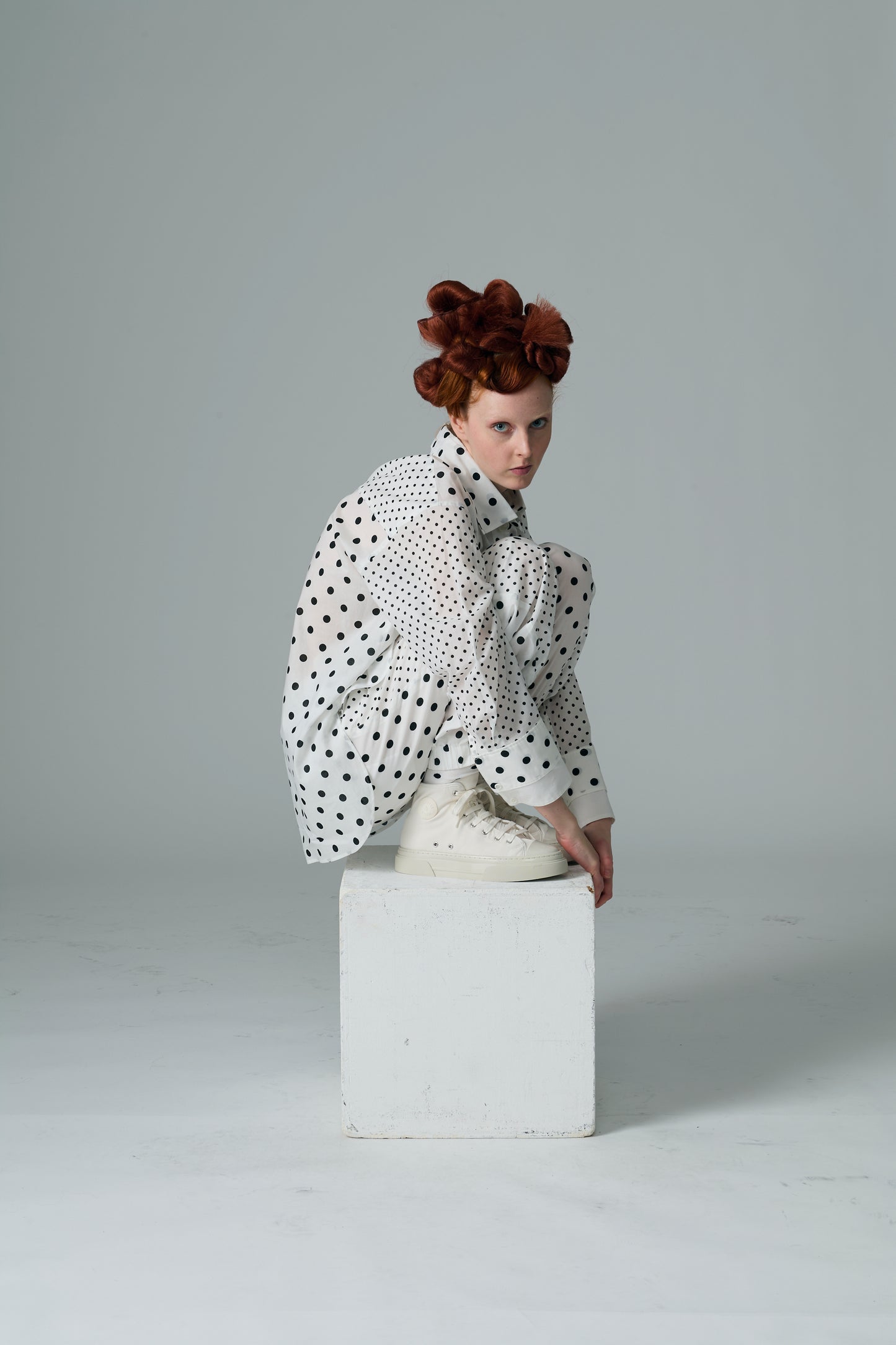 Cotton Dot Print Design Panel Shirt WHITE
