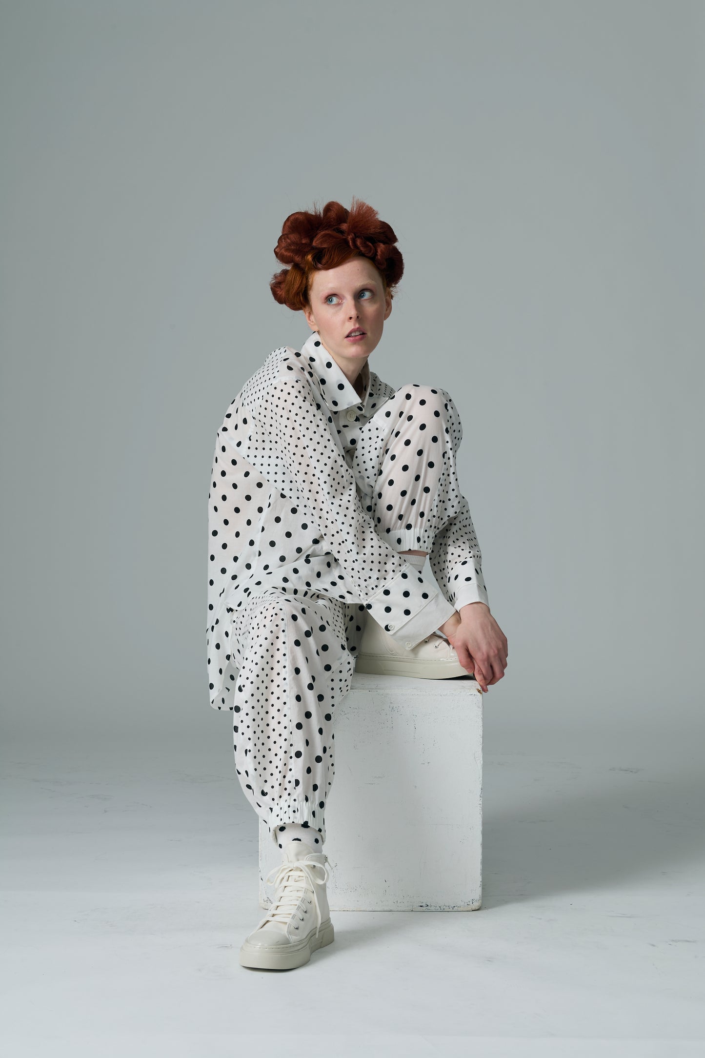 Cotton Dot Print Design Panel Pants WHITE