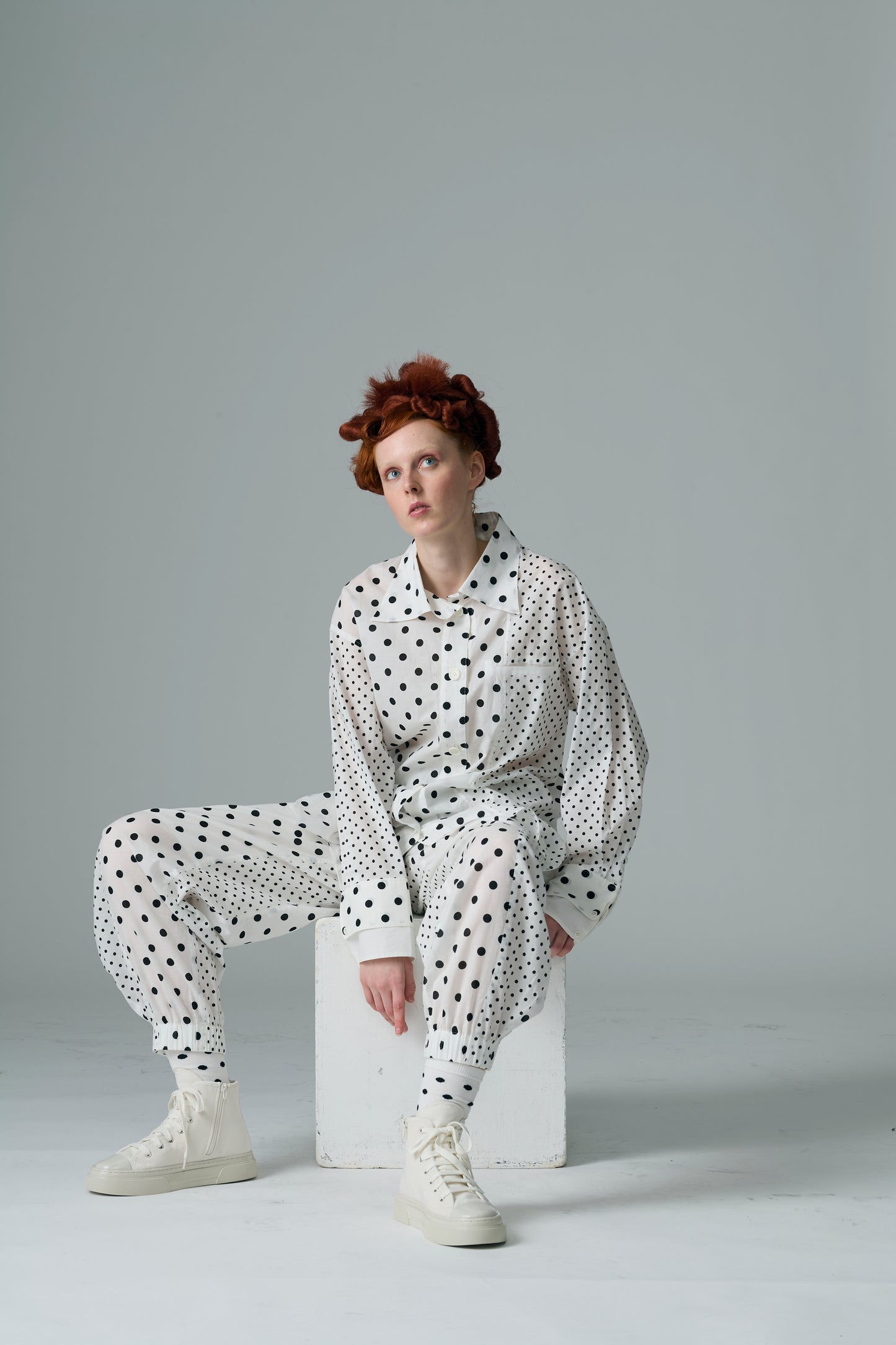 Cotton Dot Print Design Panel Pants WHITE