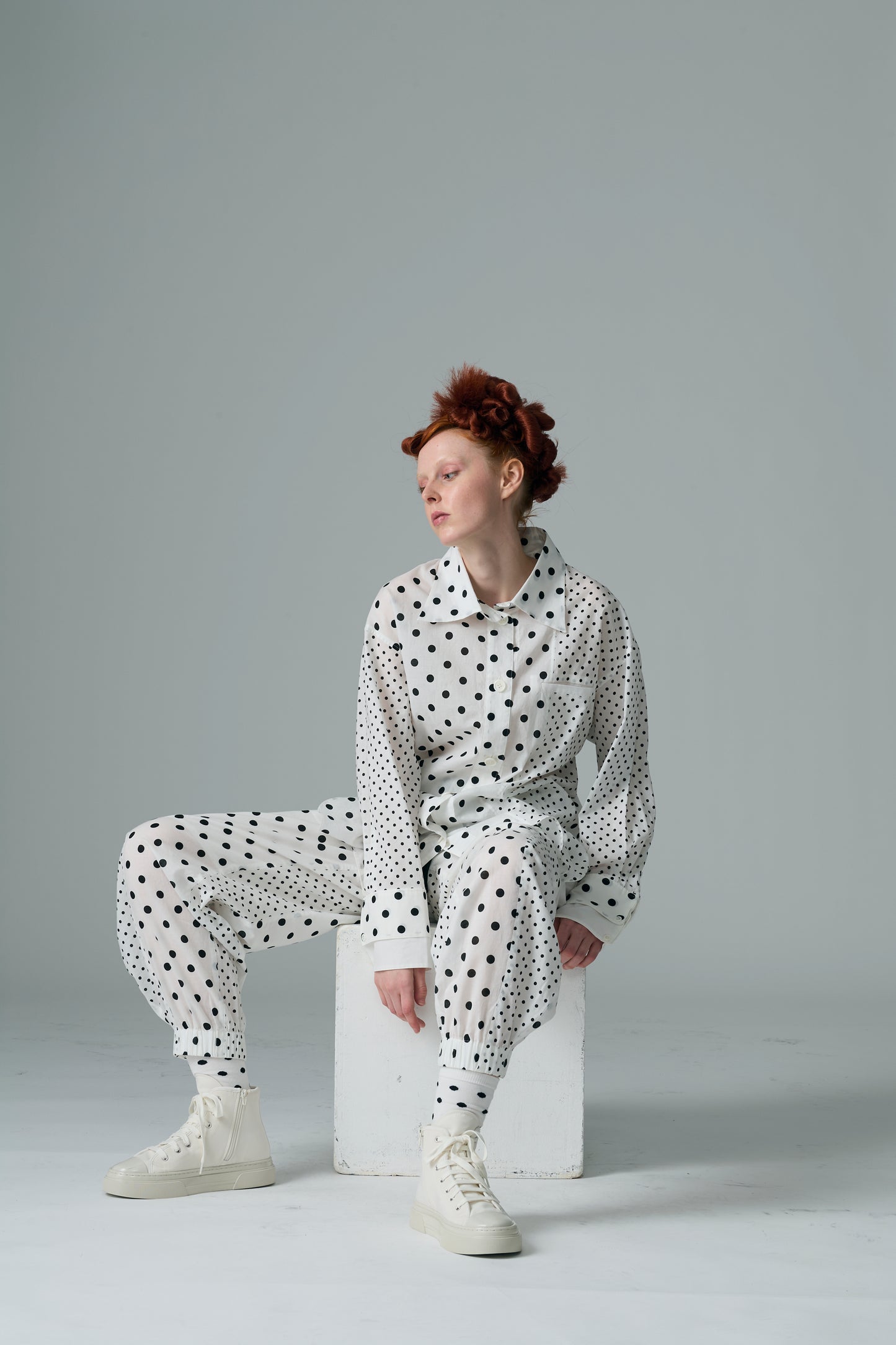 Cotton Dot Print Design Panel Shirt WHITE