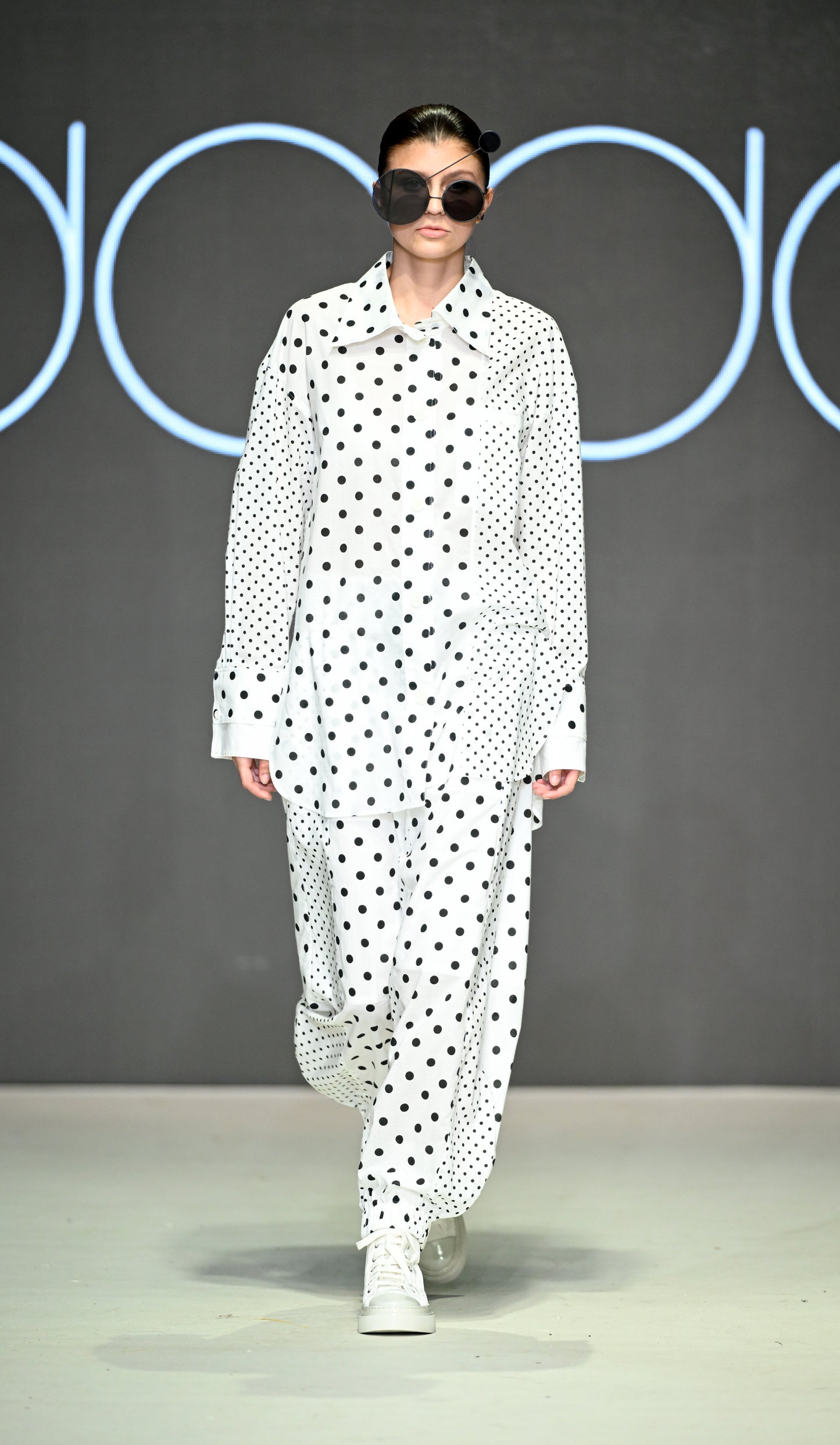 Cotton Dot Print Design Panel Pants WHITE