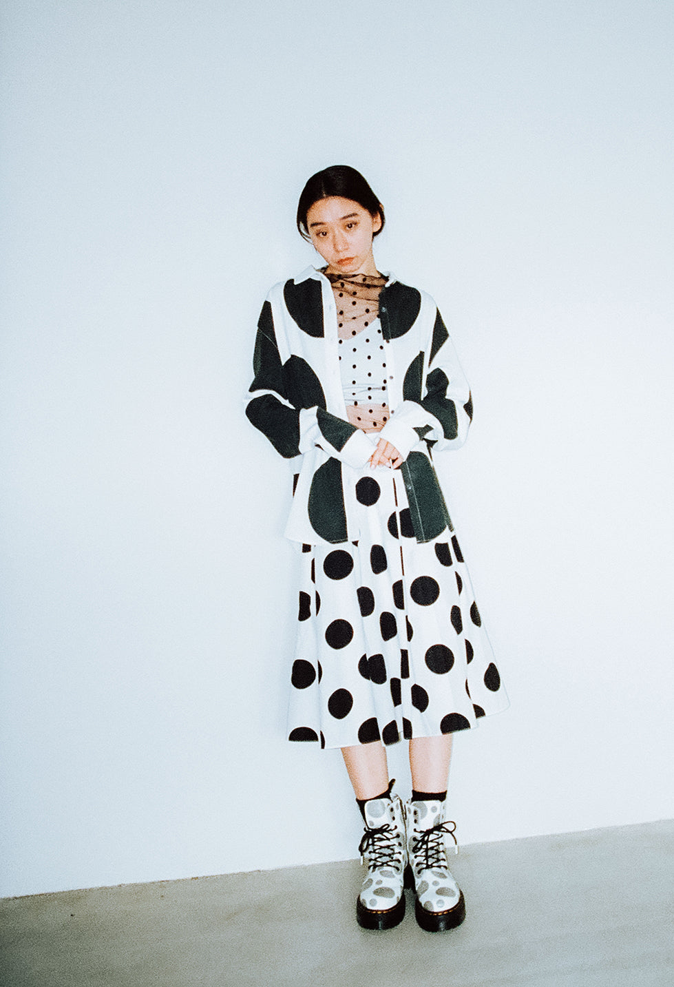 Polka dots tucked flare midi skirt