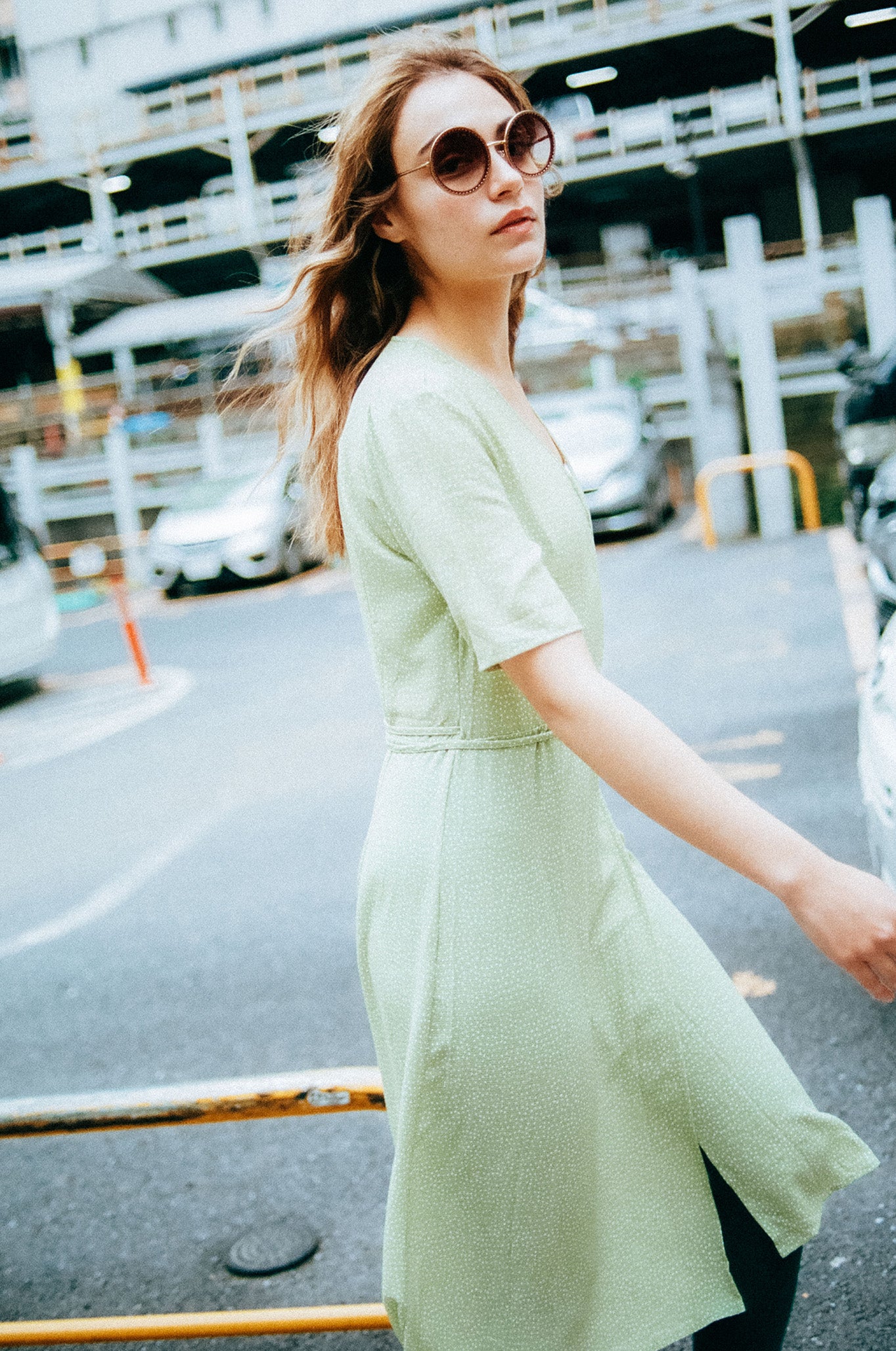 Half sleeves wrap dress with asymmetry button