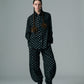 Cotton Dot Print Design Panel Pants BLACK