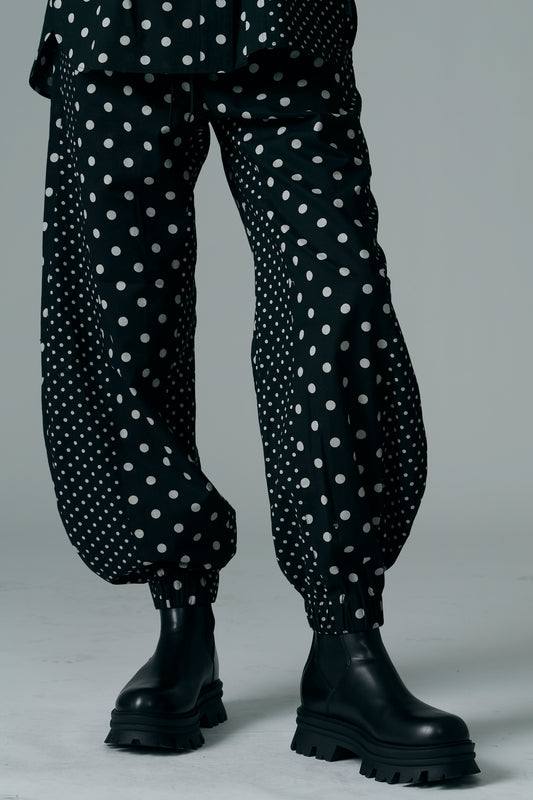 Cotton Dot Print Design Panel Pants BLACK