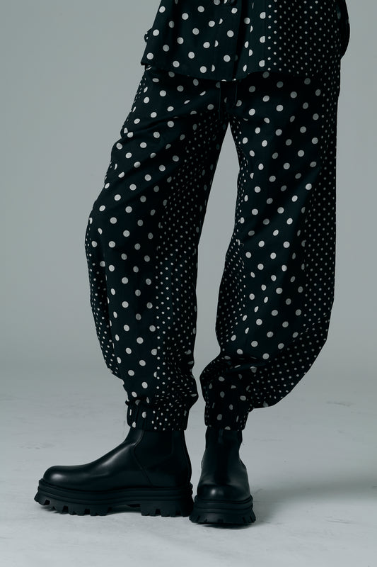 Cotton Dot Print Design Panel Pants BLACK