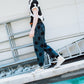 Dots printed denim tapered pants