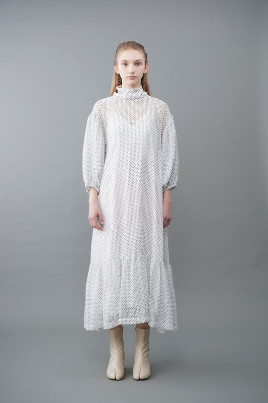 φ0.1 inch dots Layerd Ballon Sleeve Dress WHITE