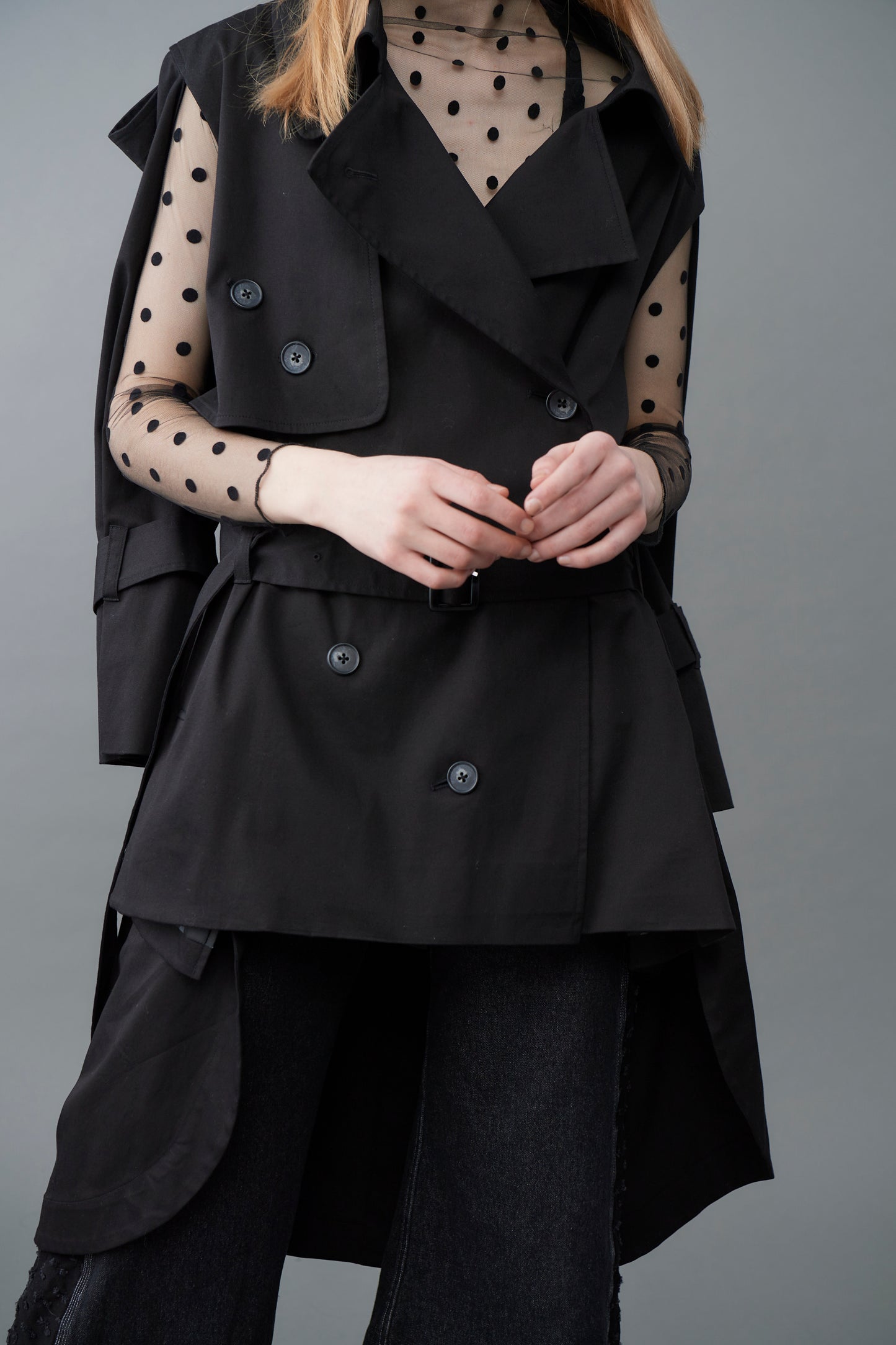 Random dot buttons Trench coat/BLK