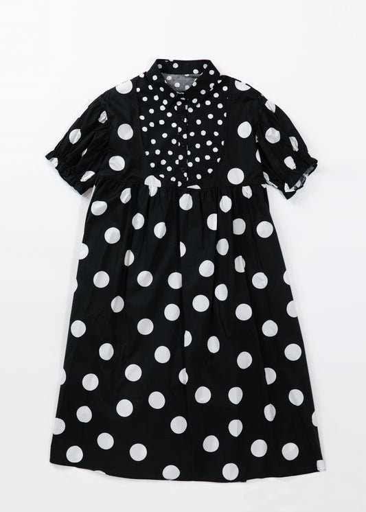 Switching dots shirt dress with puffy sleeves