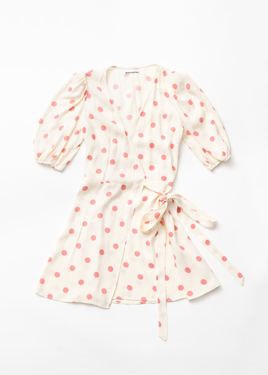 Pink polka dots short wrap dress